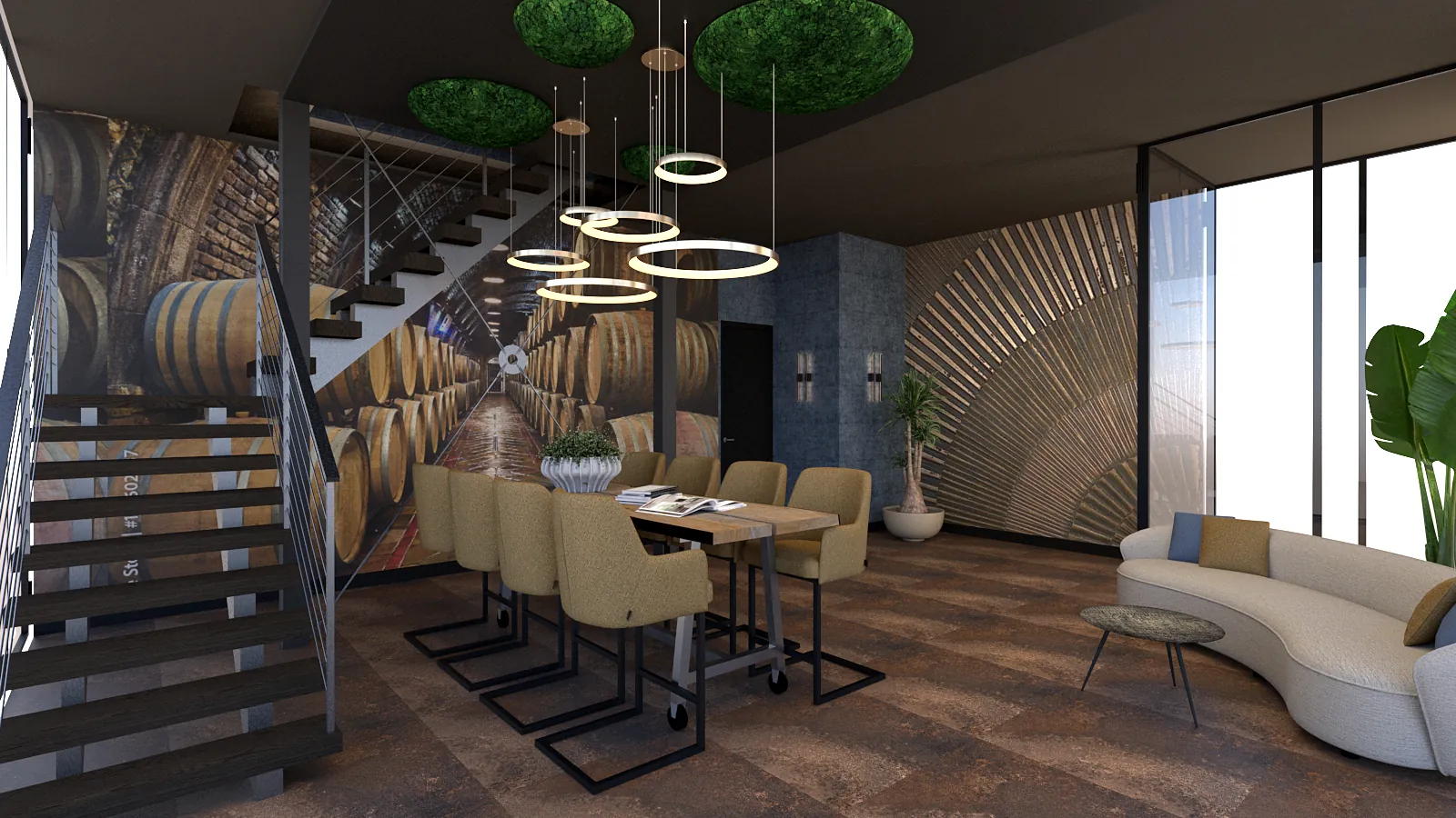 3D-ontwerp van de entree met een trap, een fotowand vol houten vaten, een lange tafel en een ronde bank