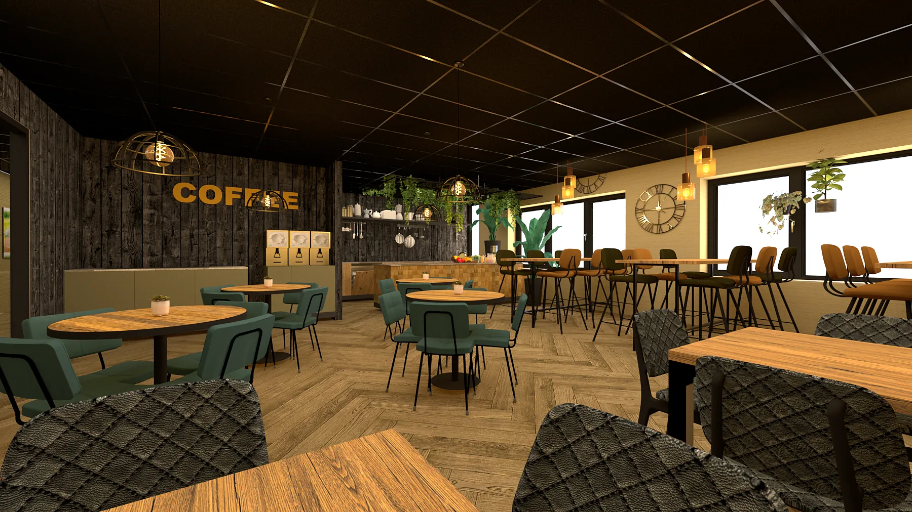 3D-ontwerp van een bedrijfsrestaurant met houten tafels, groene stoelen, een visgraatvloer en lampen aan een donker plafond