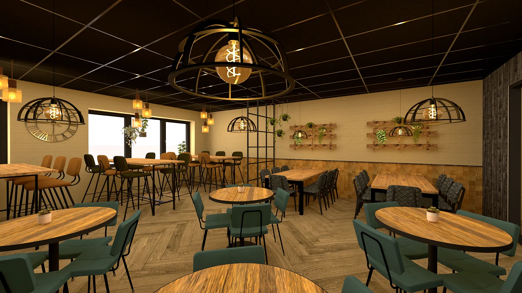 3D-ontwerp van het bedrijfsrestaurant met ronde en lange tafels, groene stoelen en grote korflampen