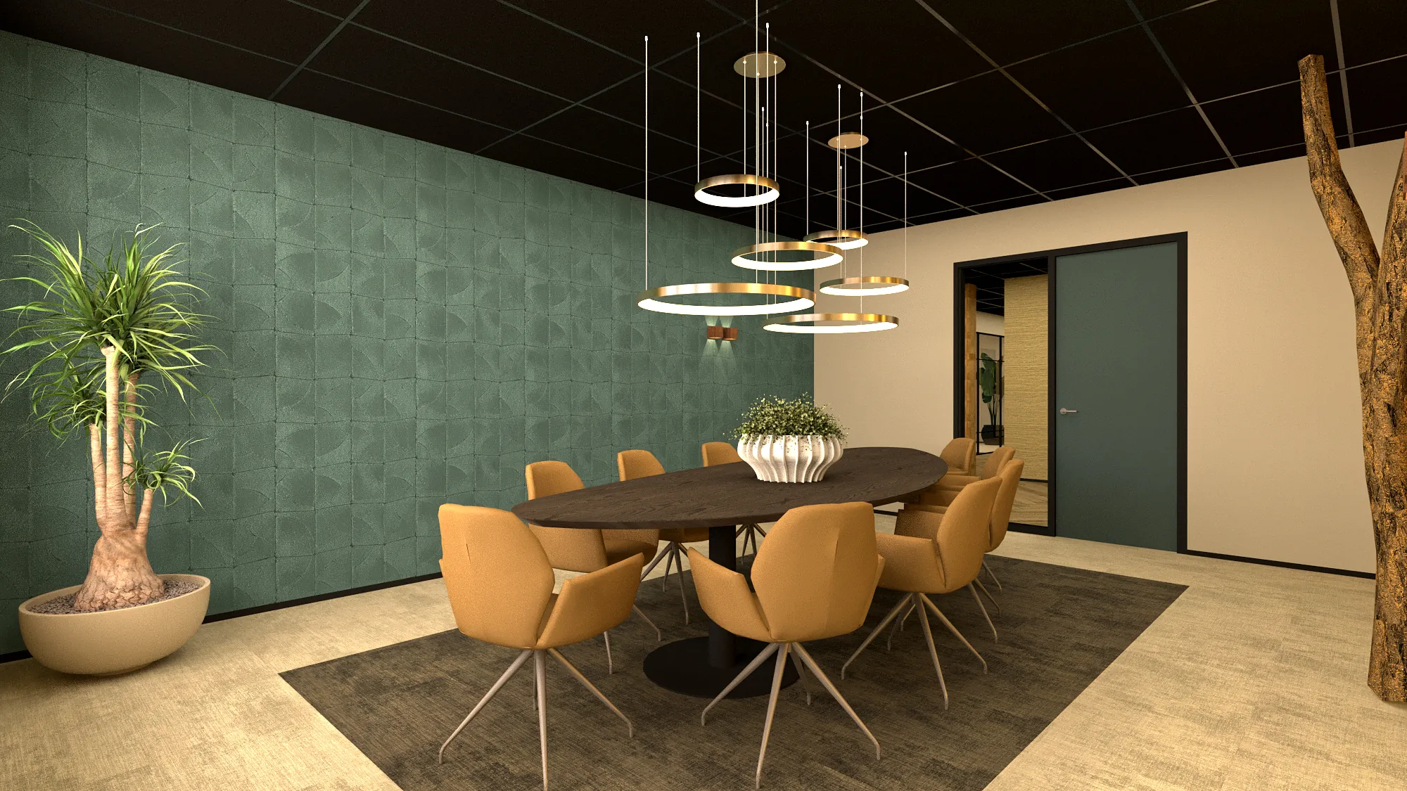 3D-ontwerp van een spreekruimte met een groene wand, een ovale tafel en stoelen in cognac