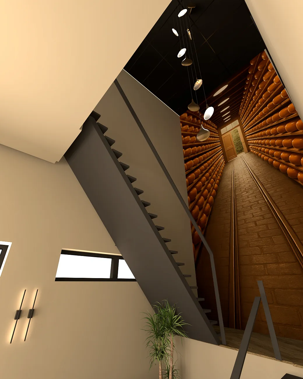 3D-ontwerp van het trappenhuis van bovenaf, met de fotowand van het kaaspakhuis langs de trap