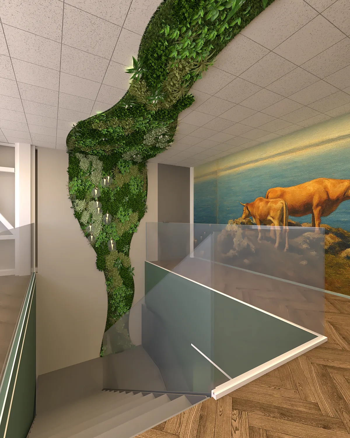 3D-ontwerp van de entree met een trap, een moswand en een fotowand met een koe in een landschap