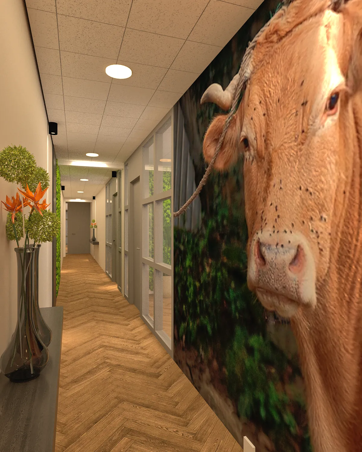 3D-ontwerp van een gang met een grote foto van een koe op de wand en een moswand