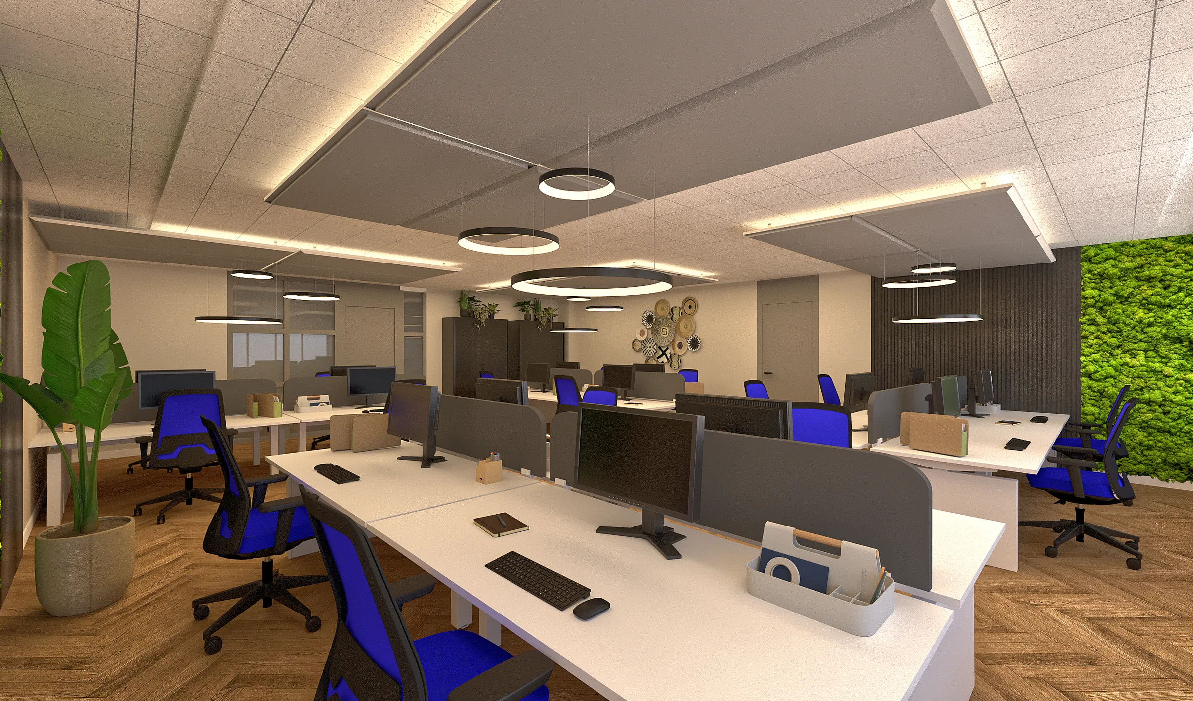 3D-ontwerp van een kantoortuin met witte bureaus, blauwe stoelen, ronde lampen en moswanden