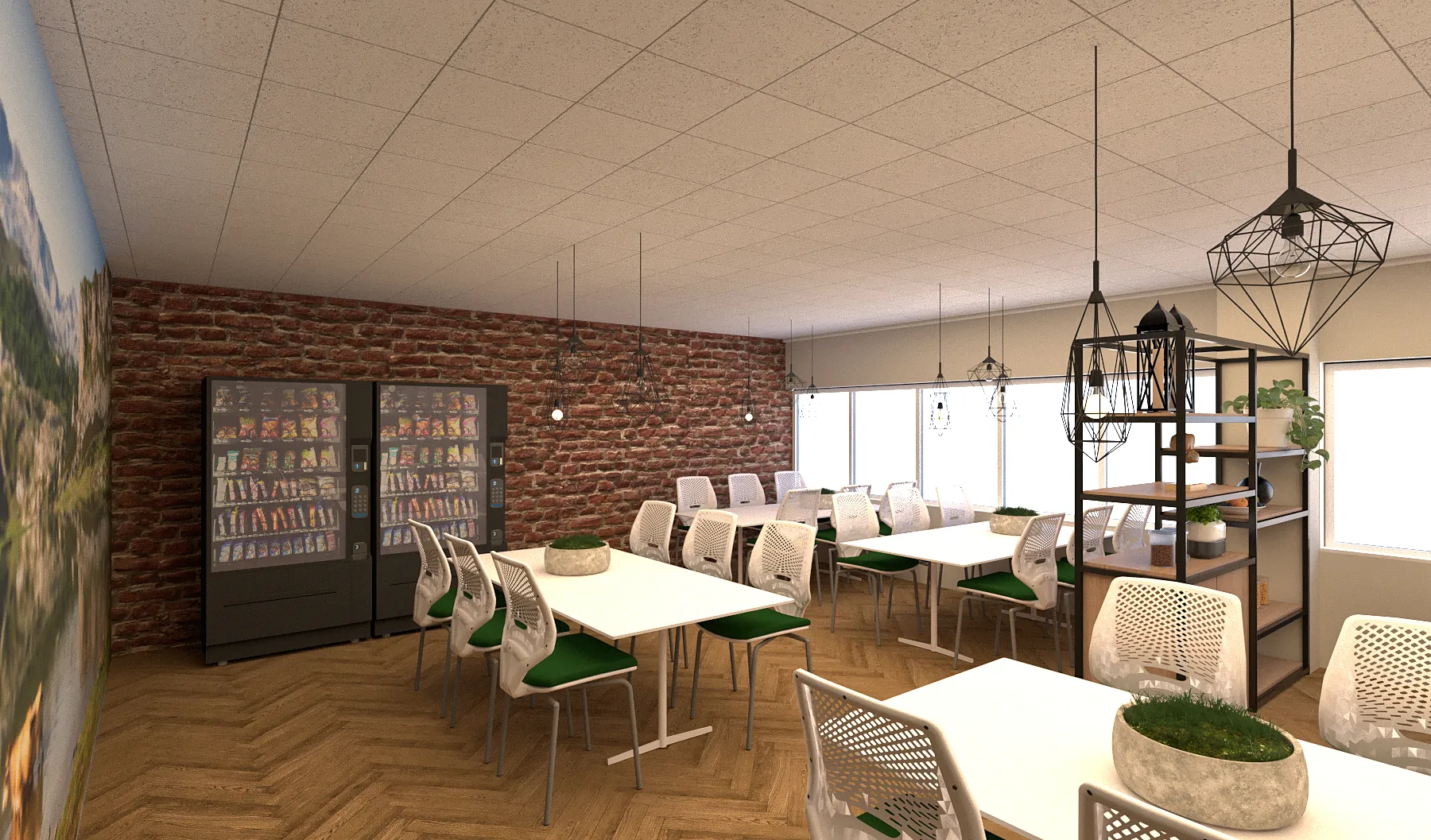 3D-ontwerp van de kantine met een bakstenen wand, lange witte tafels en draadlampen