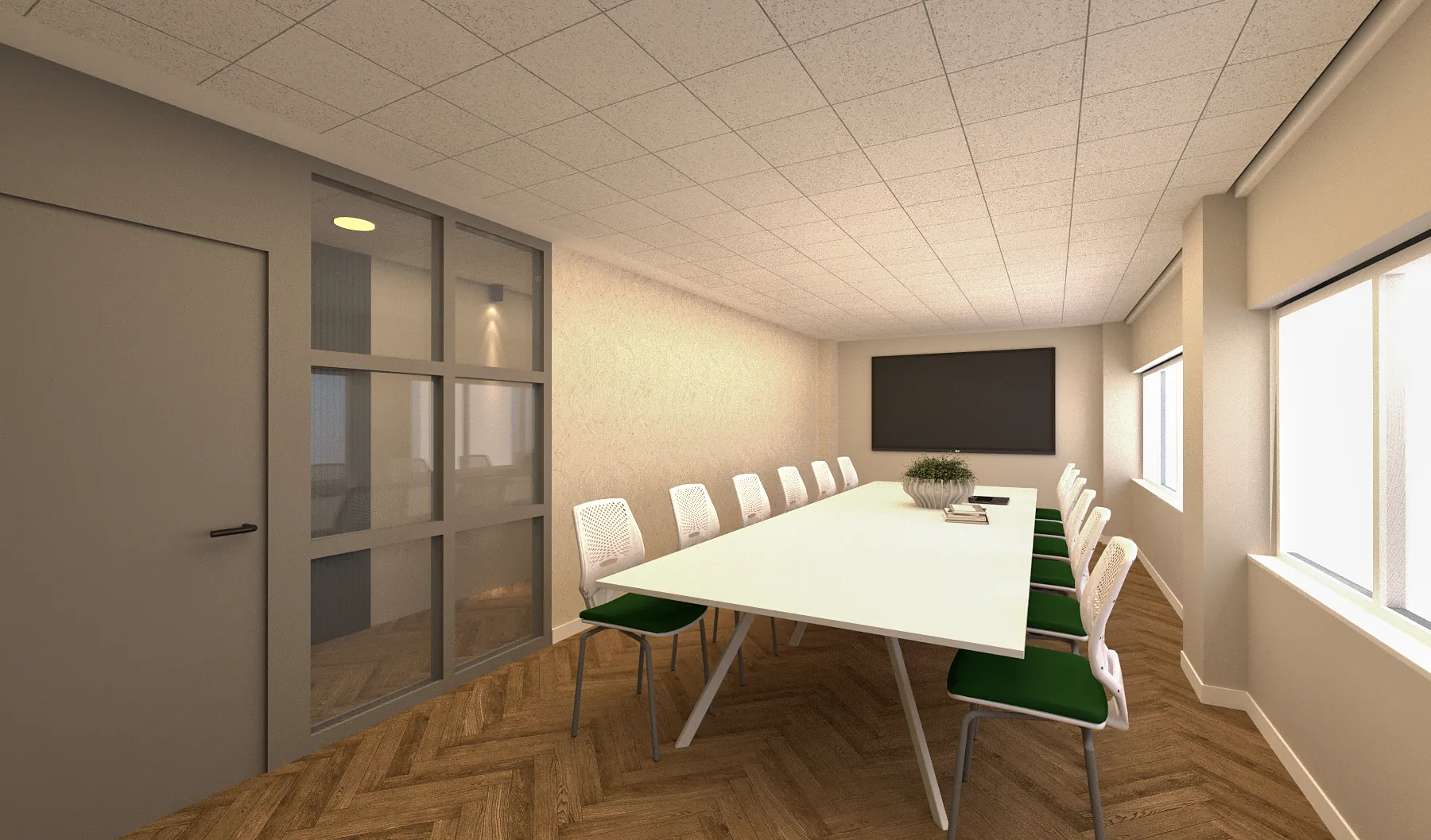 3D-ontwerp van een vergaderruimte met een lange witte tafel, groene stoelen en een moswand