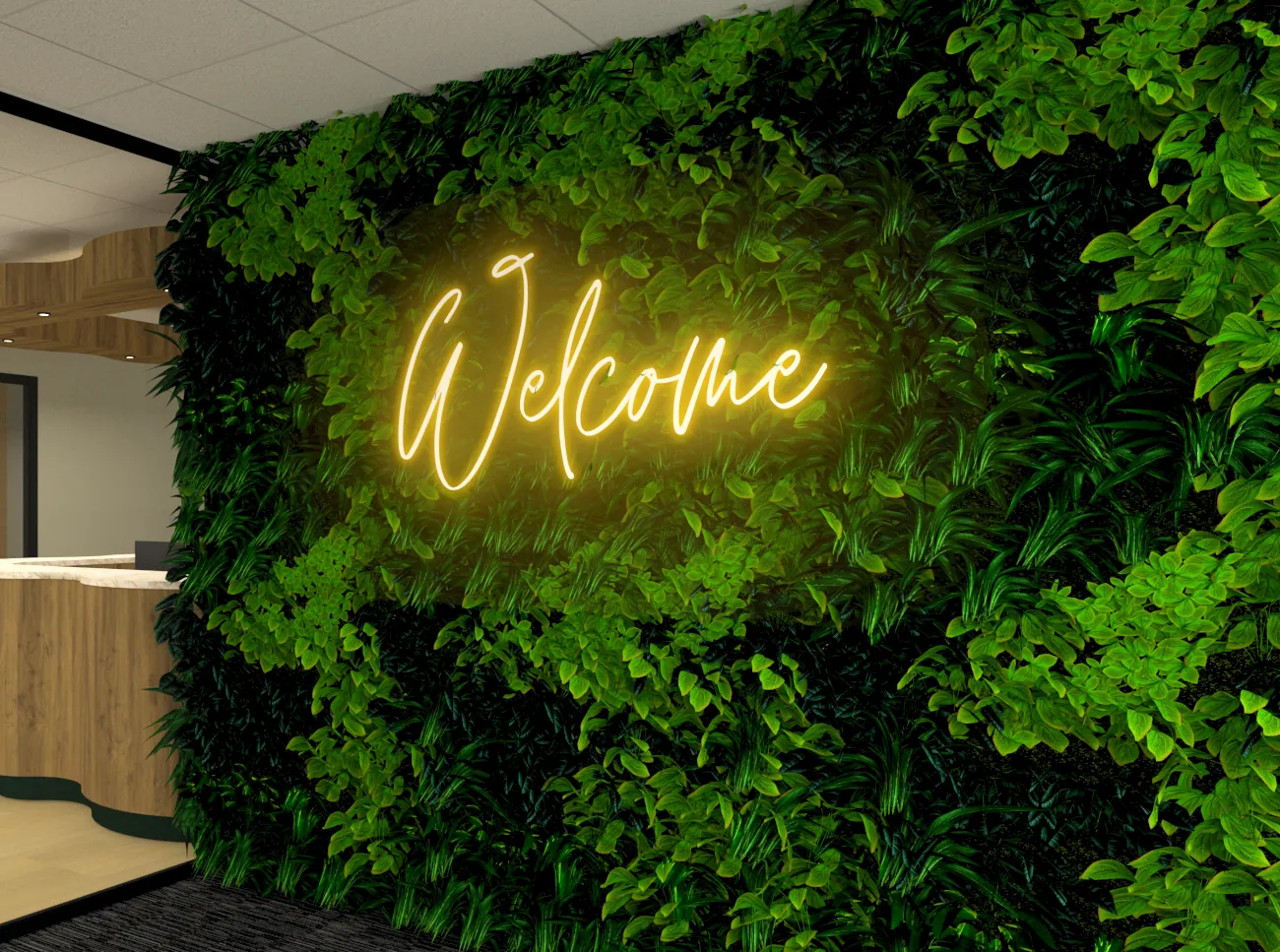 3D-ontwerp van de entree van CCI: een groene moswand met het woord Welcome in geel neon
