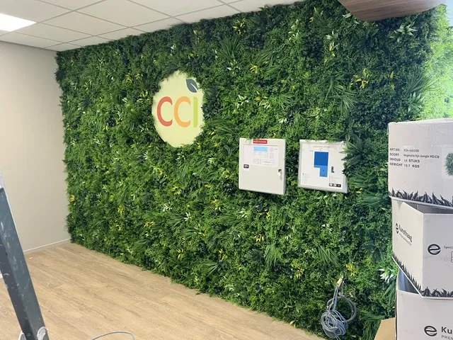 De moswand met het CCI-logo, met ervoor nog een stapel dozen