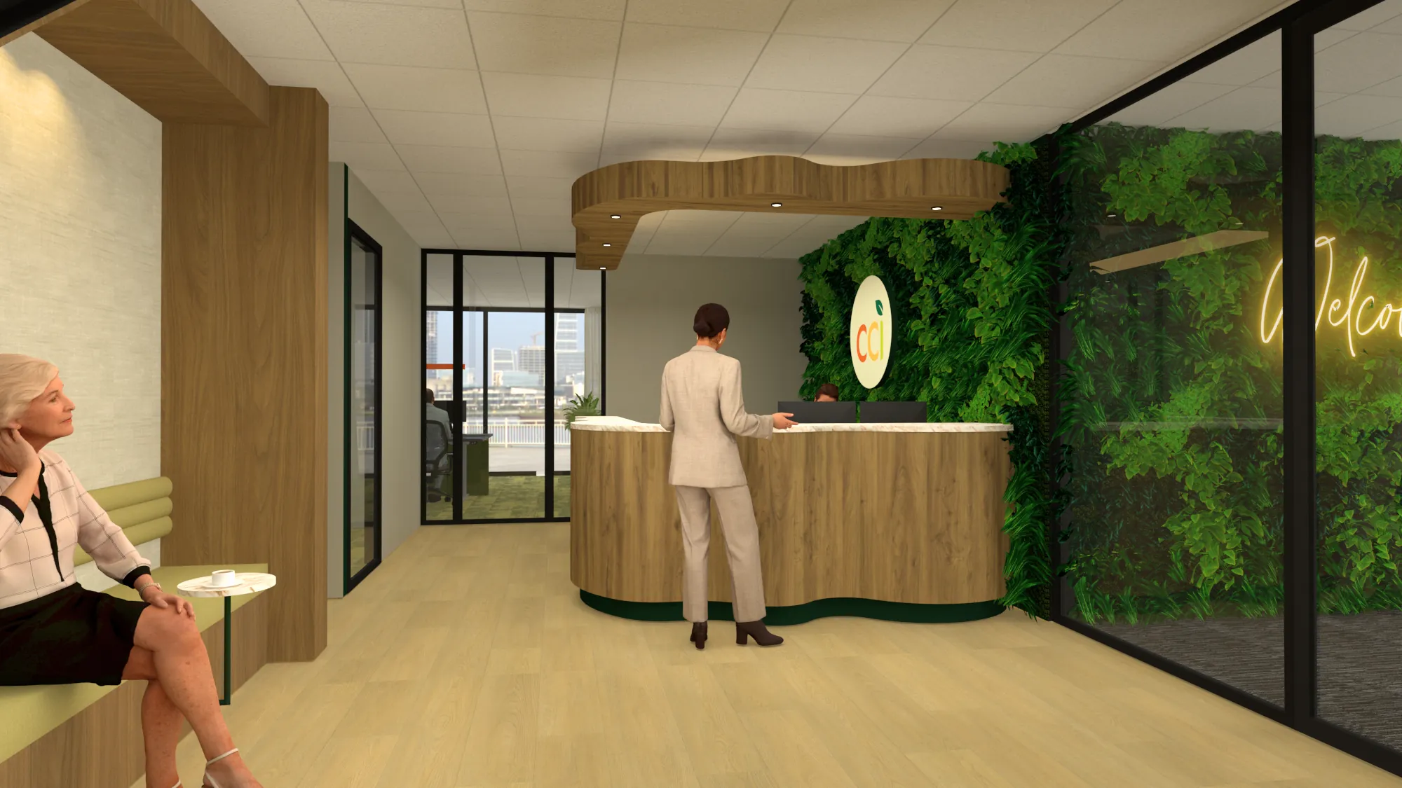 3D-ontwerp van de entree met de golvende balie, het golvende plafond en de moswand met het CCI-logo
