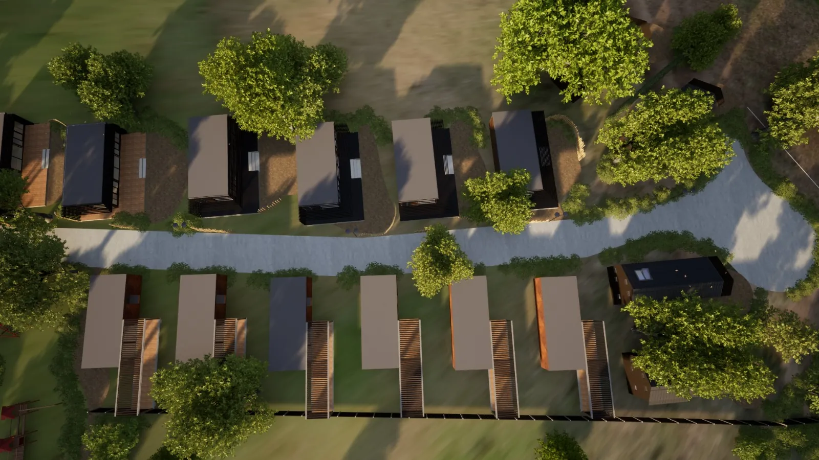 3D-ontwerp van het vakantiepark van bovenaf, met chalets aan weerszijden van een pad