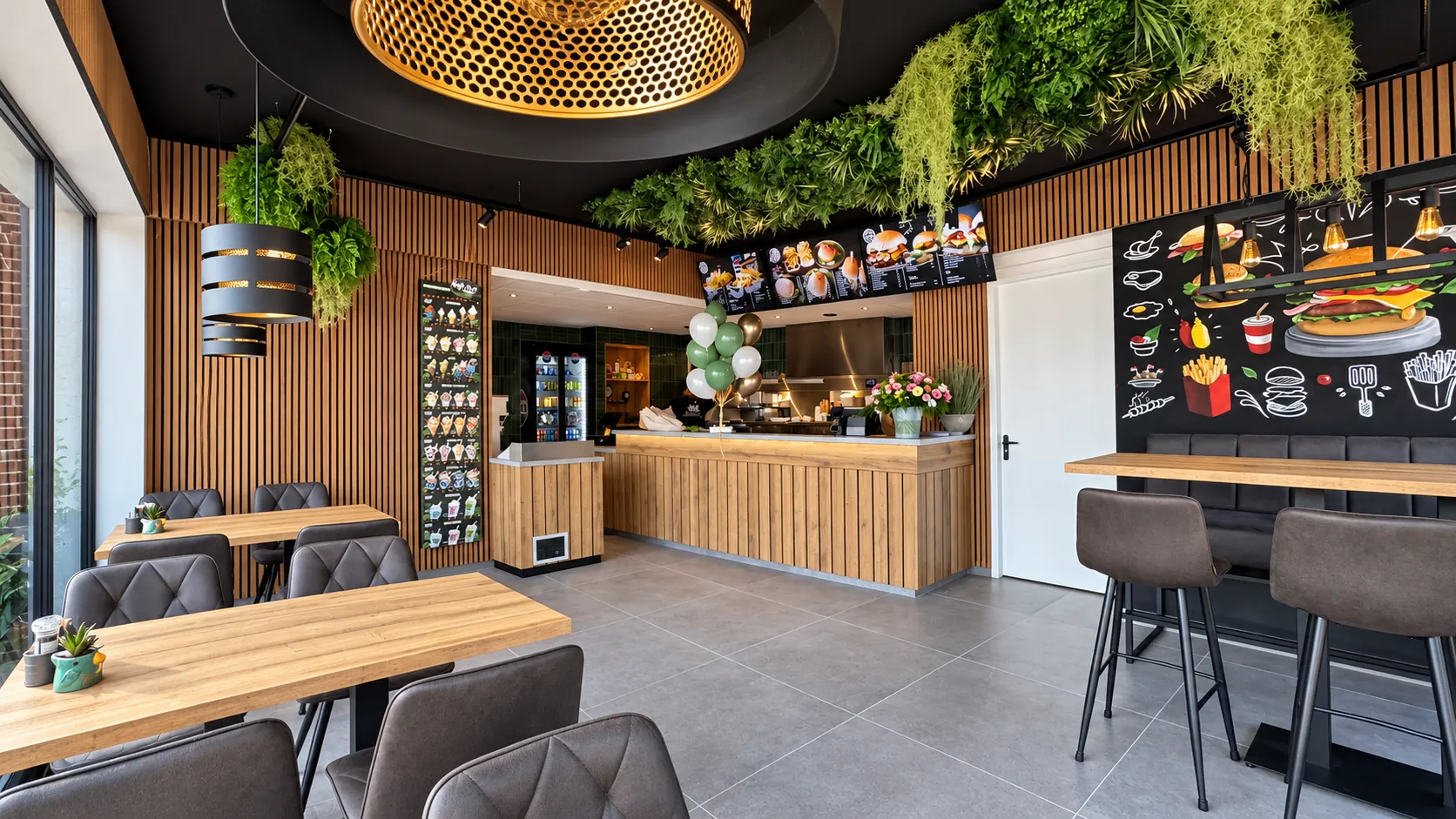 De opgeleverde snackbar De Jister: houten tafels en krukken, een lattenwand met krijtbord en een plafond waar planten vanaf hangen