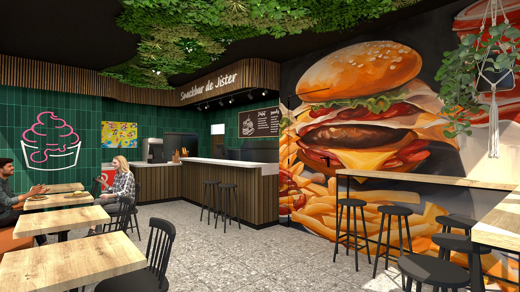 3D-ontwerp van de zithoek van De Jister met een grote muurschildering van een hamburger en friet