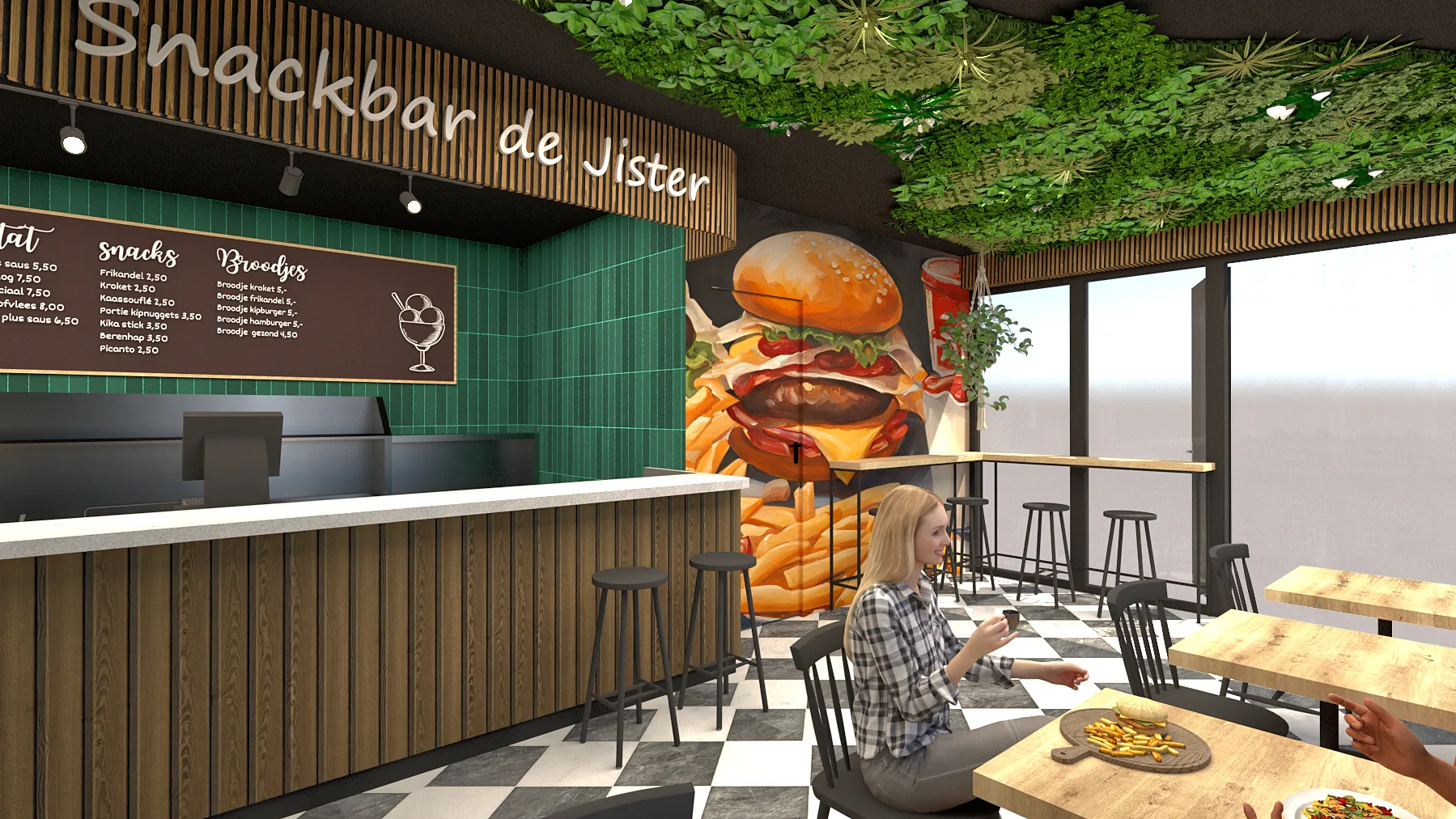 3D-ontwerp van De Jister met de houten balie, de krijtbordwand met het menu en een plafond vol groen
