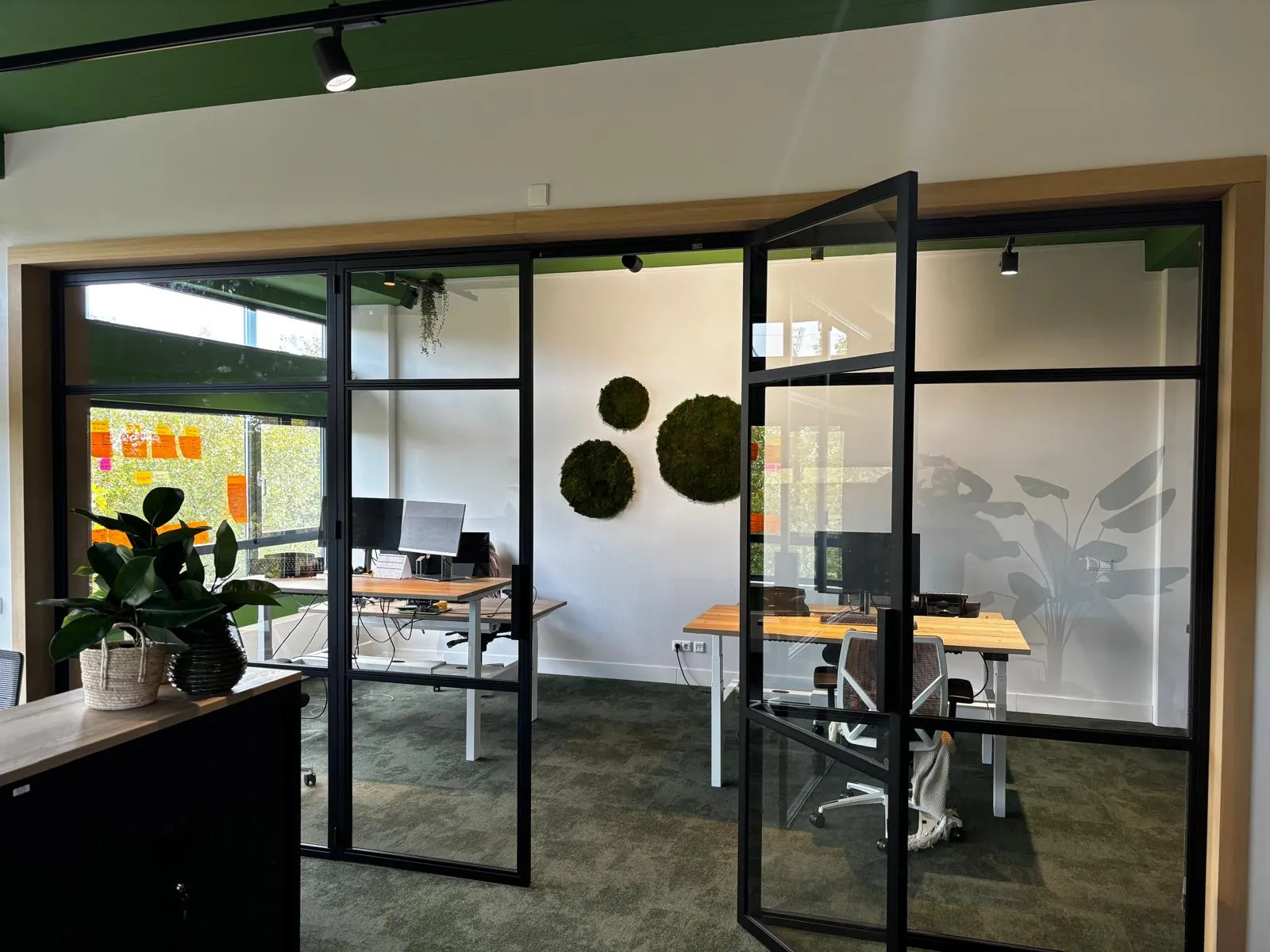 Werkplekken achter een wand van zwart staal en glas met een openstaande deur, cirkels van mos aan de witte wand en een groen plafond