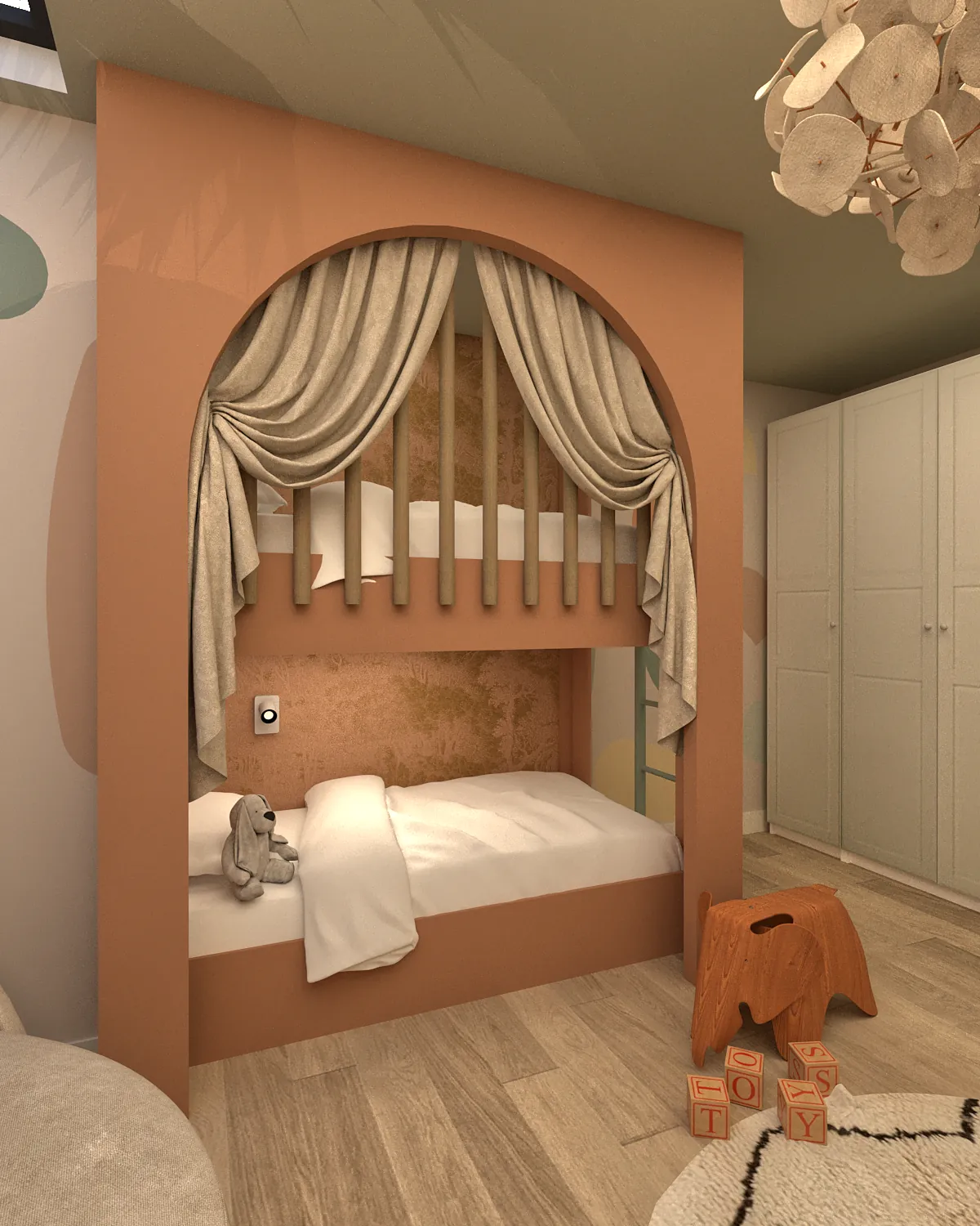 3D-ontwerp van een kinderkamer in terracotta met een bedstee achter een gordijn