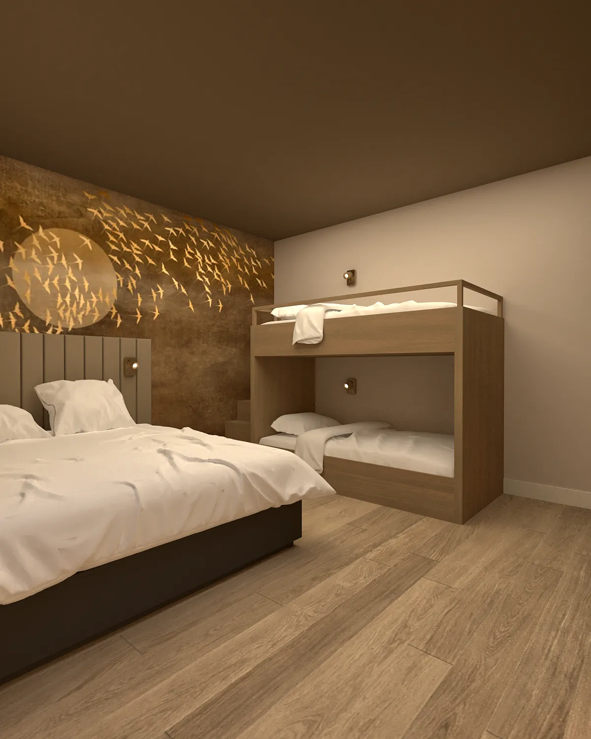 3D-ontwerp van een logeerkamer met een stapelbed en lichtpuntjes op het plafond