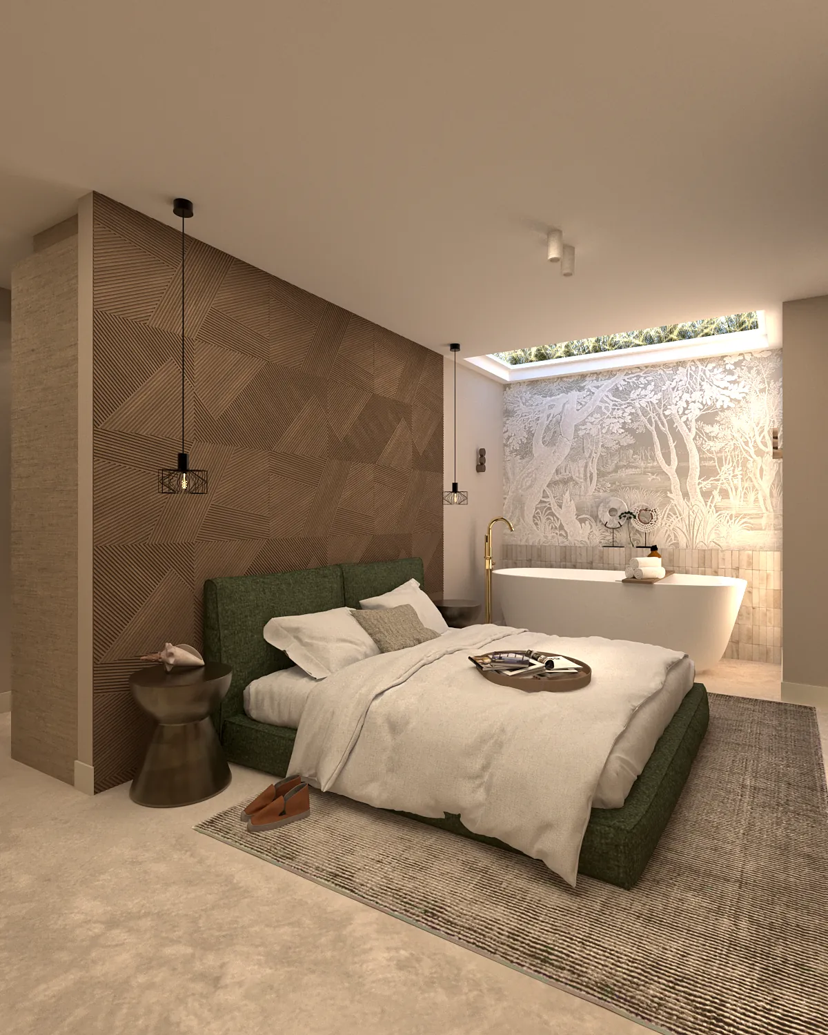 3D-ontwerp van de slaapkamer met een bed in groen fluweel en zicht op het vrijstaande bad