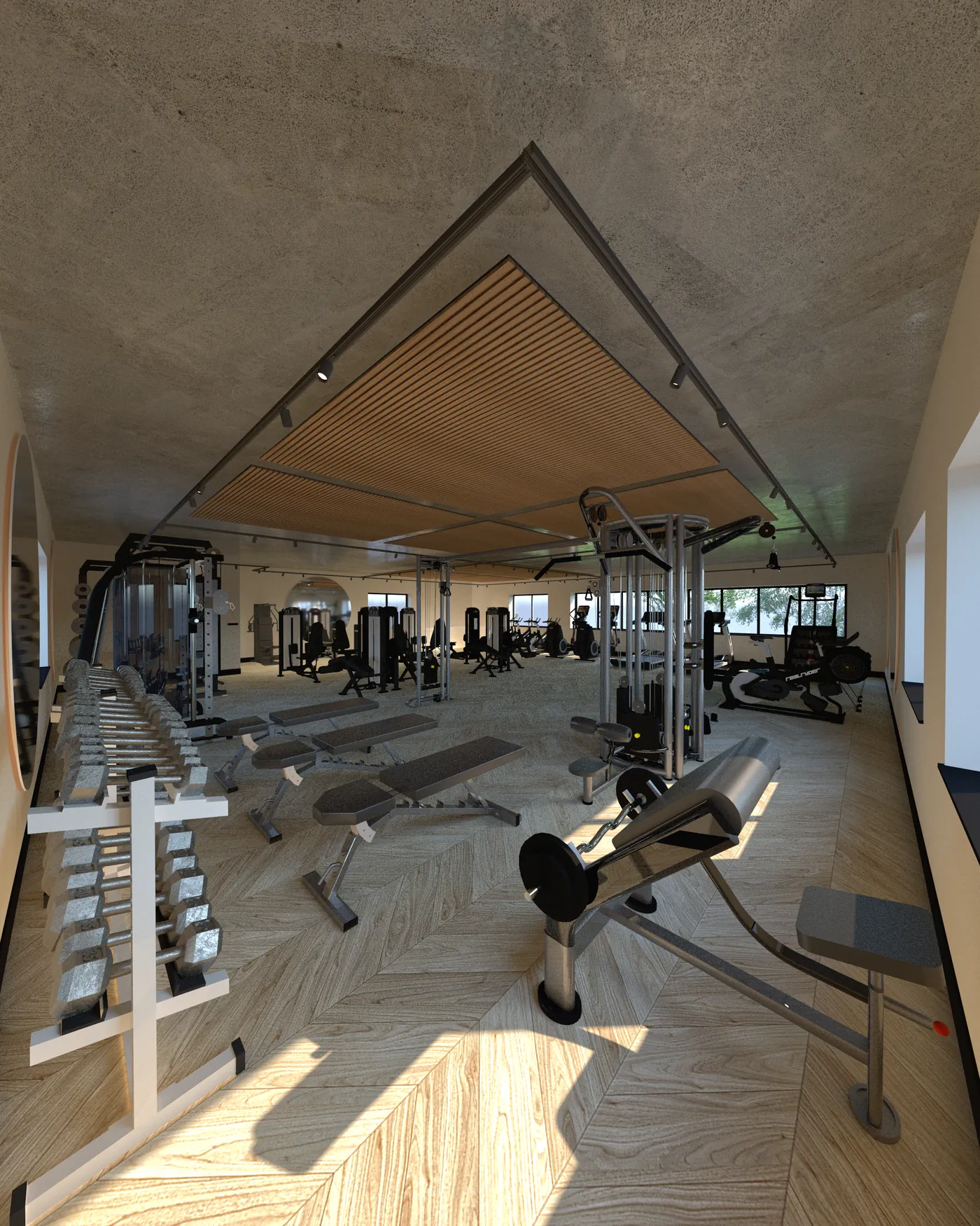 3D-ontwerp van de fitnesszaal met toestellen, een visgraatvloer en een houten lamellenplafond in een punt
