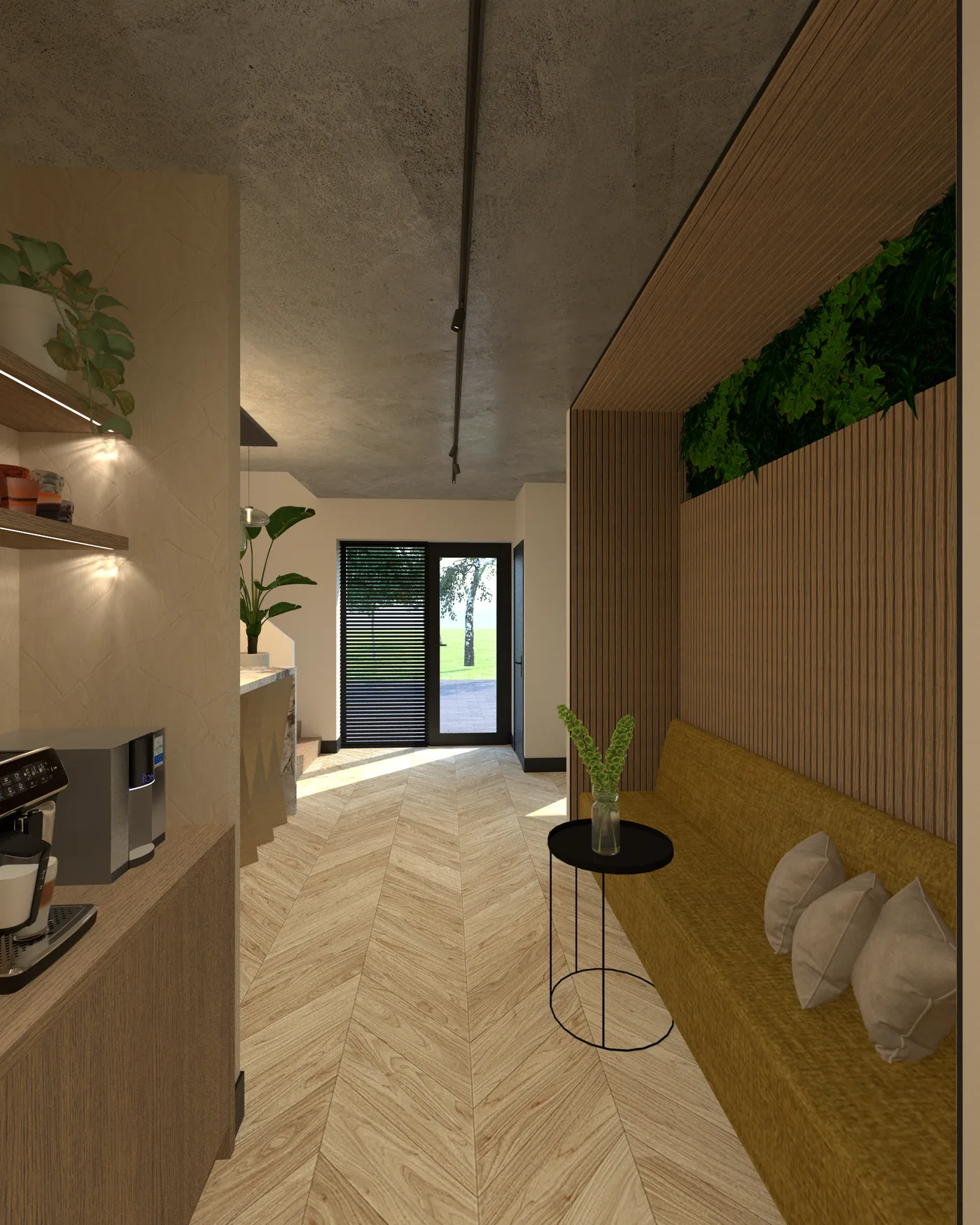 3D-ontwerp van de wachtruimte met een zitbank langs een wand van houten lamellen, groen erboven en een koffiehoek