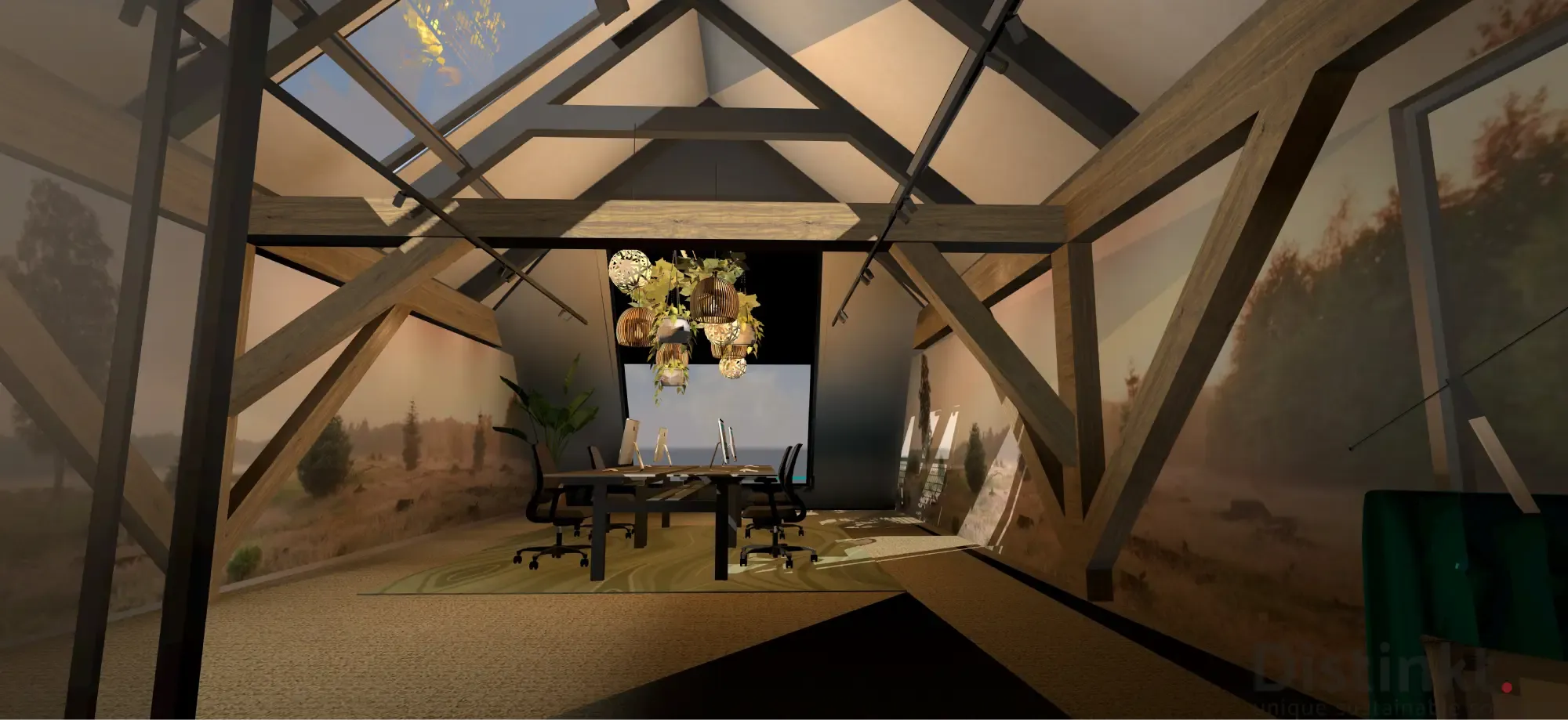 3D-ontwerp van een vergaderplek onder de kap, met een landschap op de wand