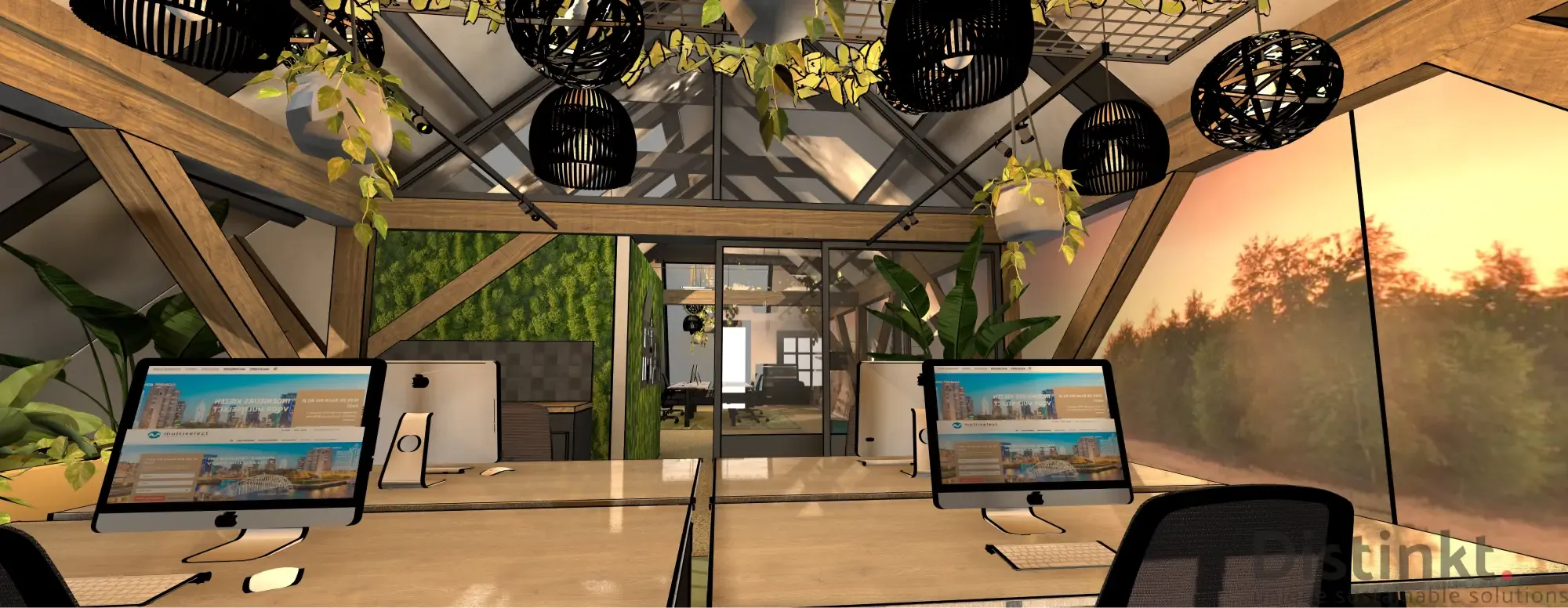 3D-ontwerp van werkplekken onder de kap, met planten en hanglampen
