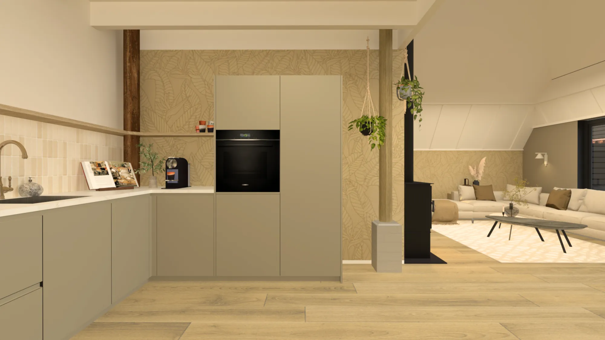 3D-ontwerp van de hoge kasten met ingebouwde oven