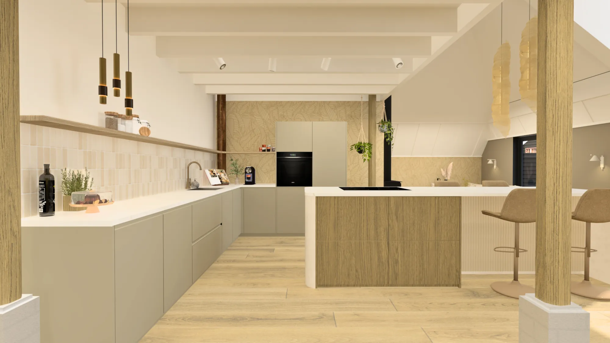 De render van een lichte keuken met een houten eiland onder een balkenplafond