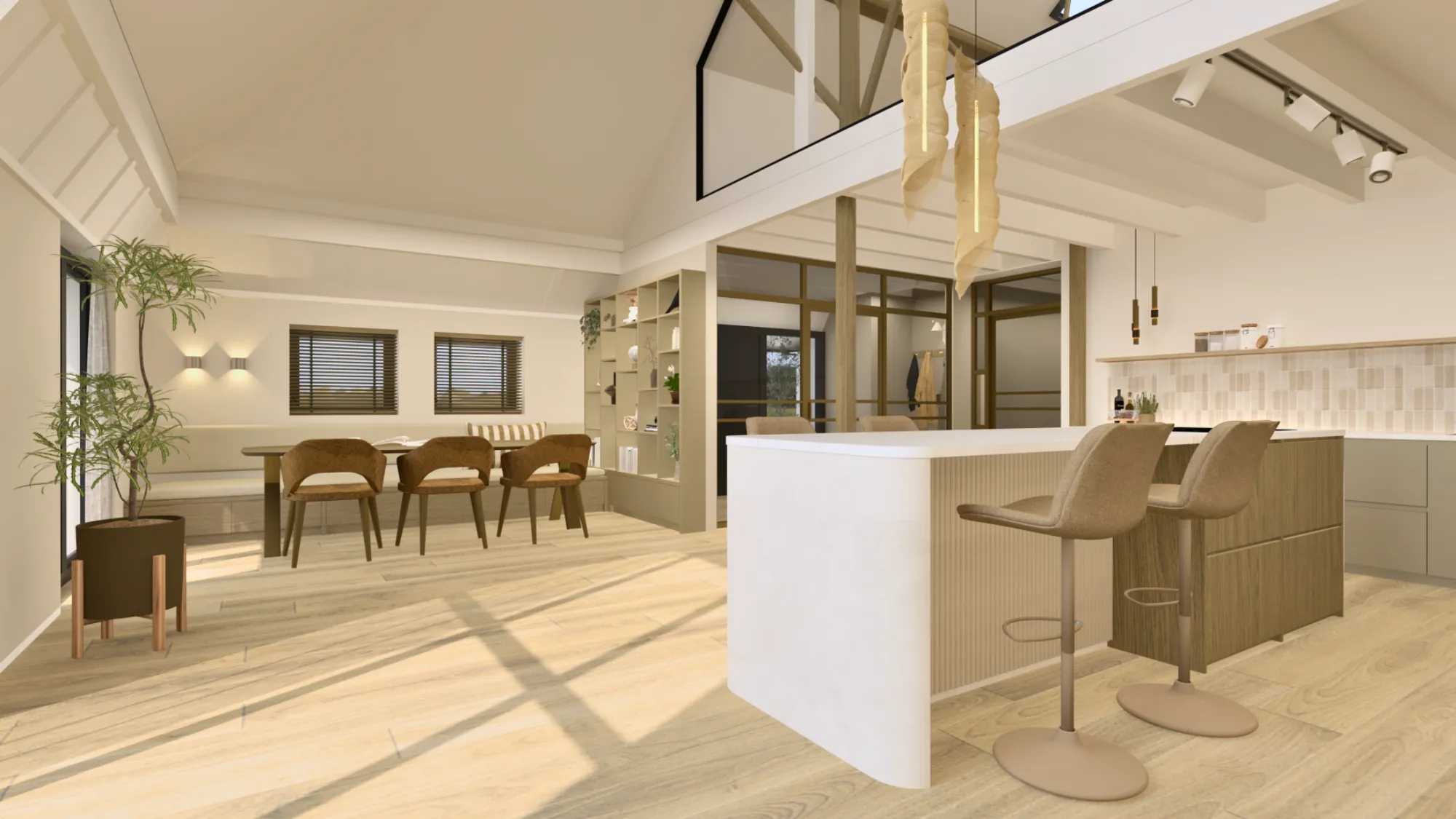 3D-ontwerp van het eiland met zicht op de eettafel en de woonkamer