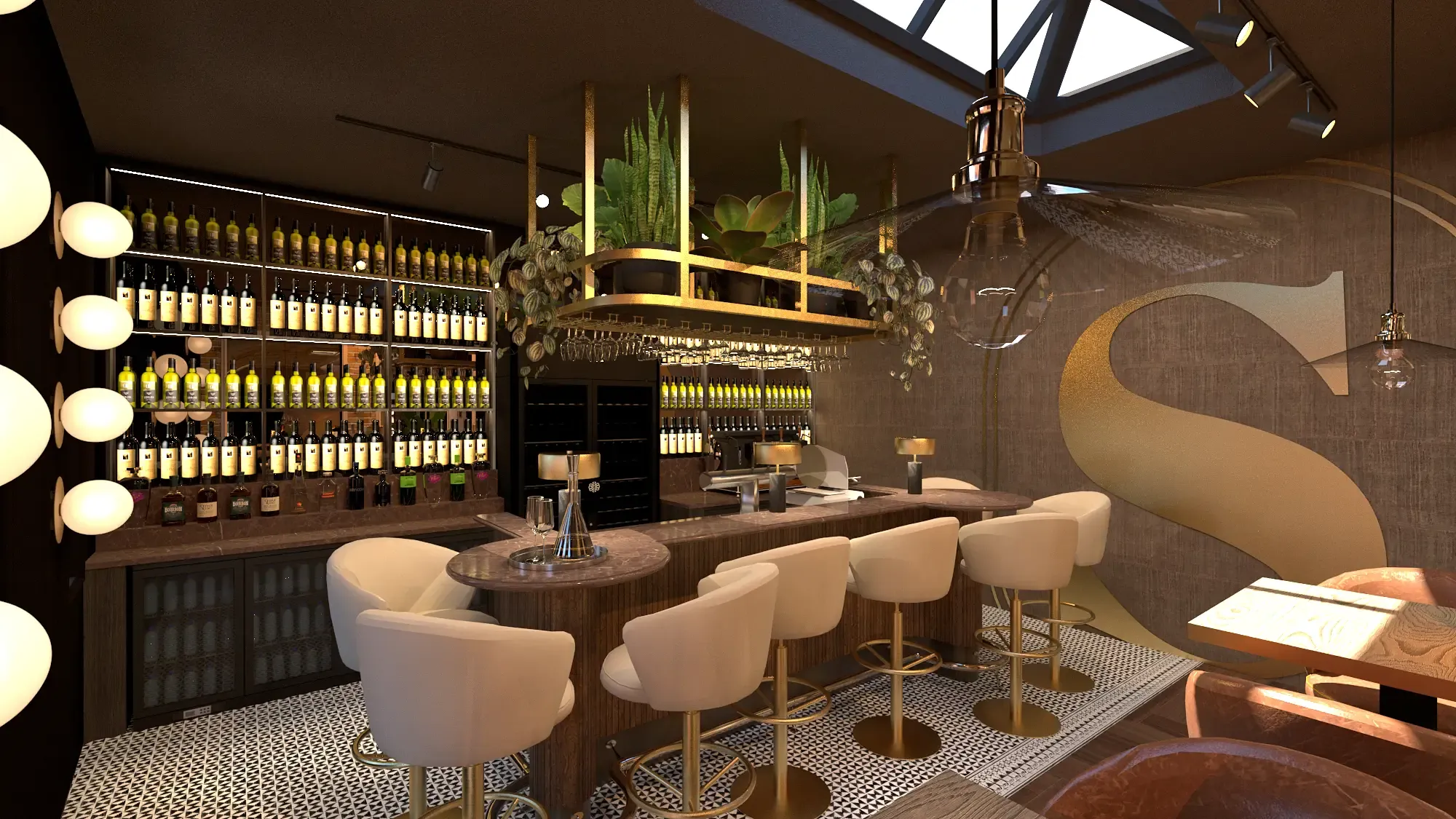 De render van de bar van Sondrio, met wijnkasten, groen boven de bar en crèmekleurige krukken