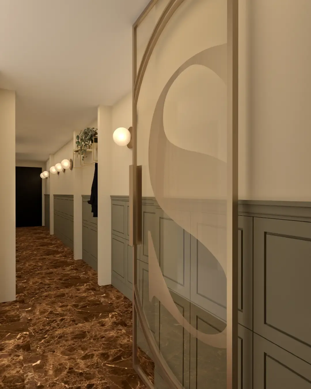 3D-ontwerp van de entree met wandlampen en een grote letter S op de wand