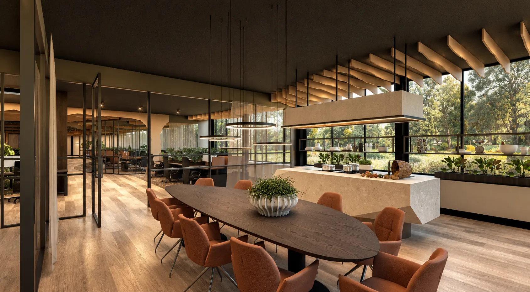 3D-ontwerp van de kantine met een ovale houten tafel, stoelen in cognac, een keukeneiland van lichte steen en een plafond van golvende houten lamellen, met zicht op het groen