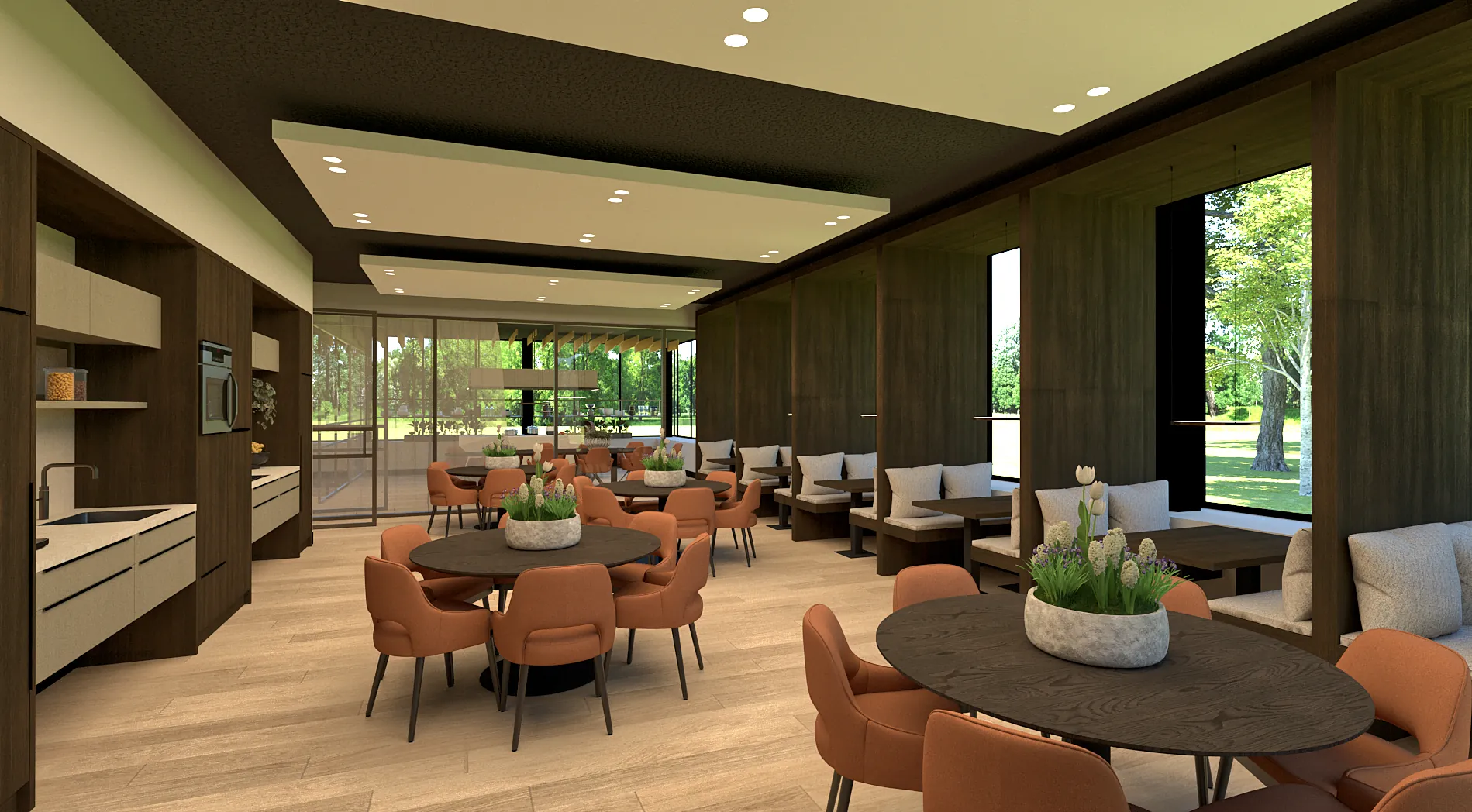3D-ontwerp van de kantine met ronde tafels, stoelen in cognac en een lange bank langs het raam