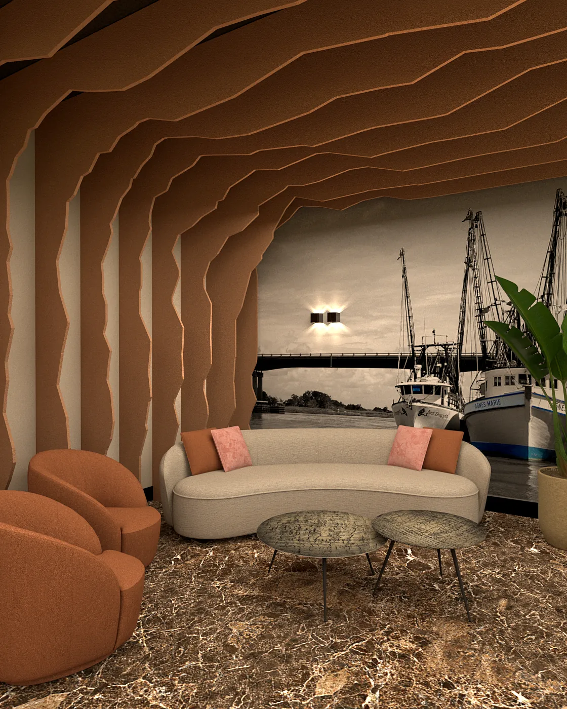 3D-ontwerp van een lounge met een ronde bank, twee fauteuils en een foto van vissersboten op de wand