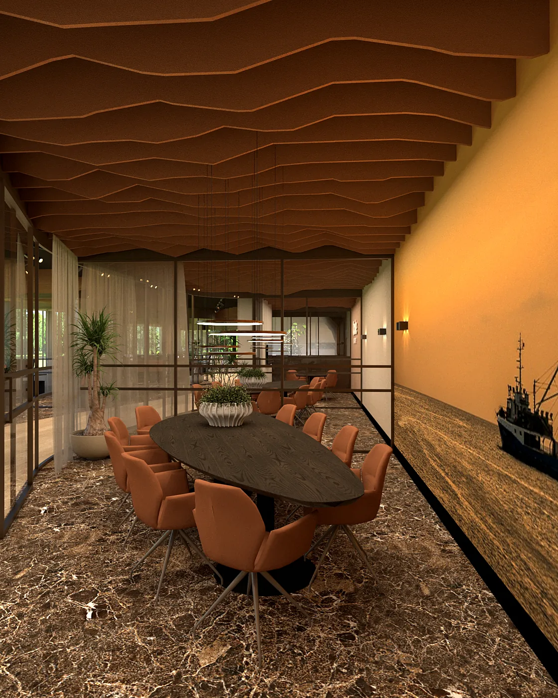 3D-ontwerp van een vergaderruimte met een ovale tafel, stoelen in cognac en een wand met een schip op zee