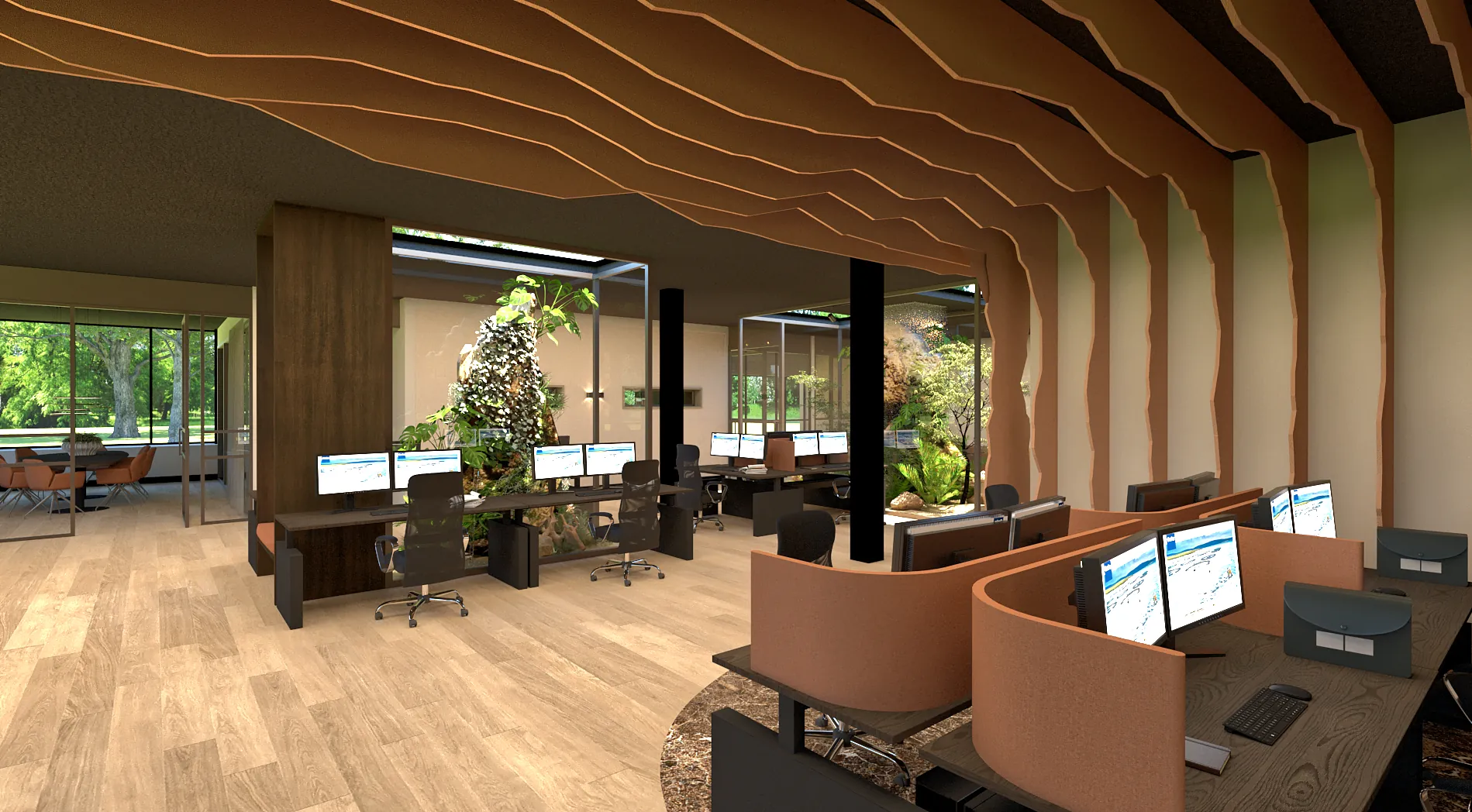 3D-ontwerp van de werkplekken onder het golvende lamellenplafond, met tussenschotten in terracotta