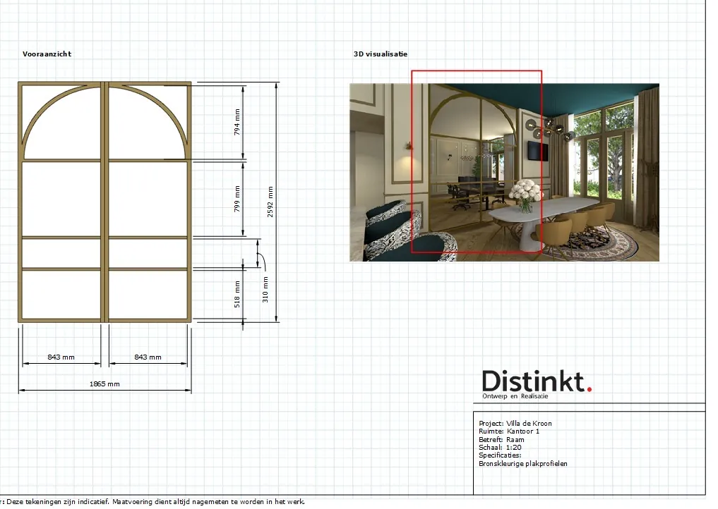 Werktekening van Distinkt voor Villa de Kroon met het vooraanzicht van een boograam en een 3D-visualisatie