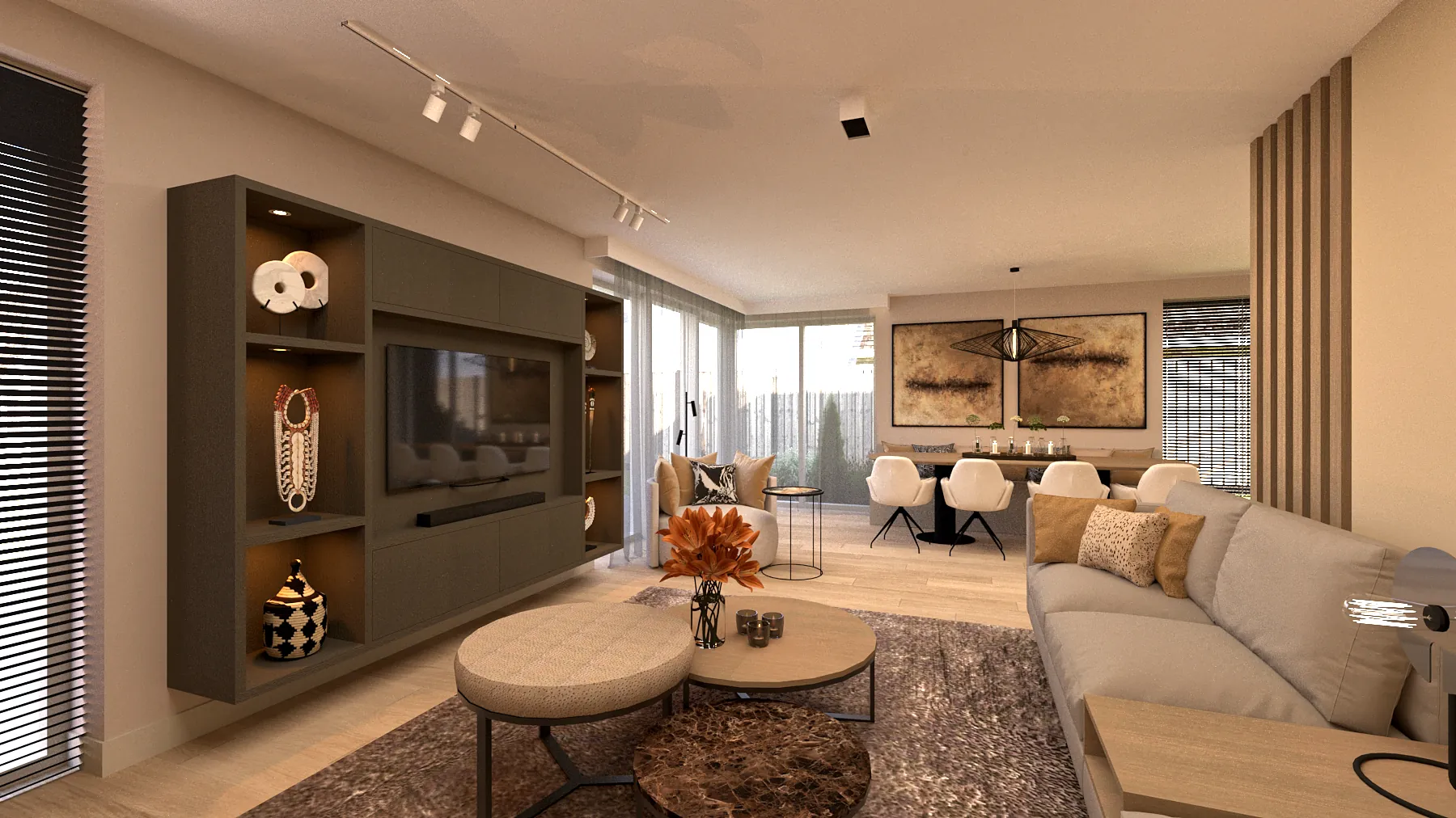 3D-ontwerp van de woonkamer met een tv-wand met verlichte nissen, een lage bank en ronde salontafels