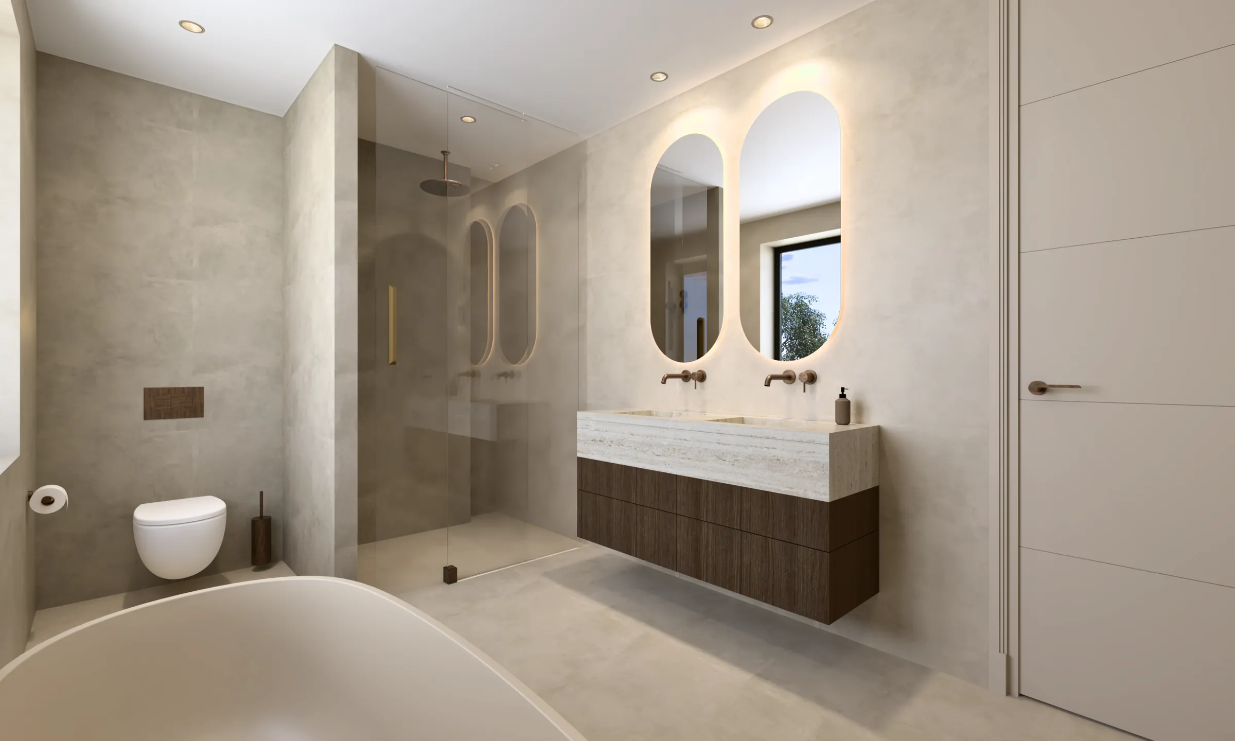 3D-ontwerp van de badkamer met een dubbele wastafel, ovale spiegels en een inloopdouche