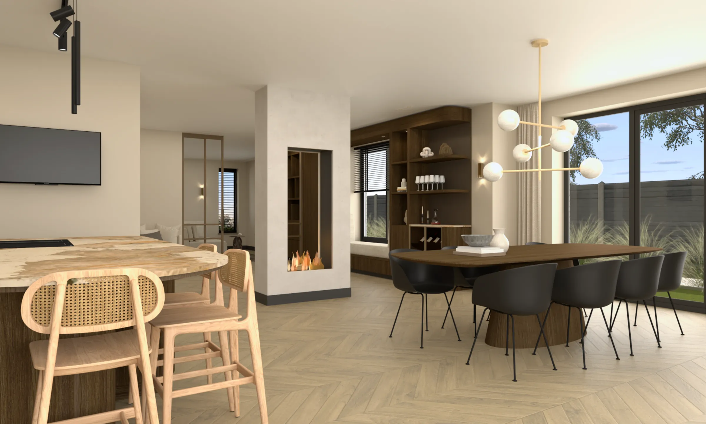 3D-ontwerp van de eethoek met een ronde tafel, zwarte stoelen en een haard op de achtergrond