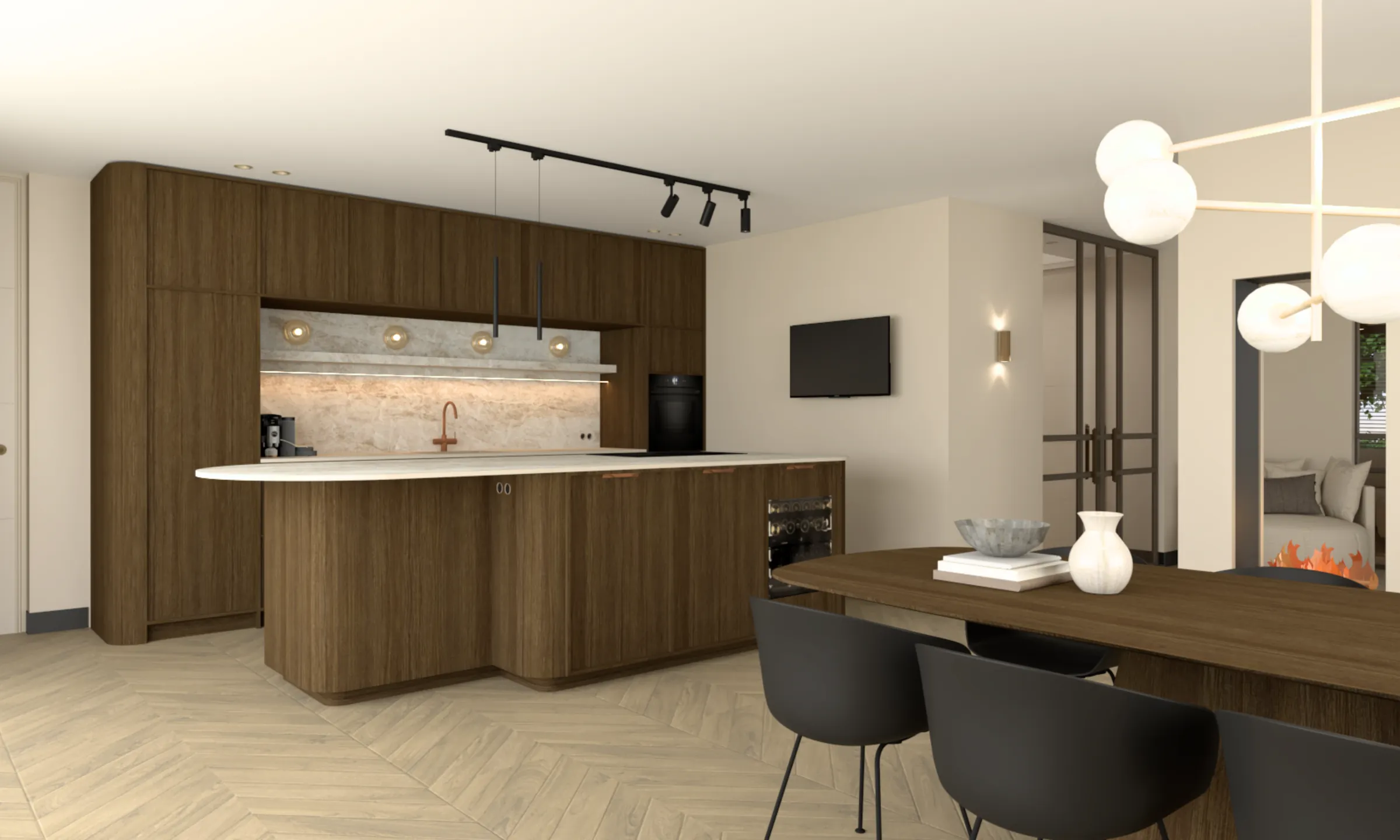 3D-ontwerp van de keuken met een eiland, een bar met zwarte krukken en een kastenwand in donker hout