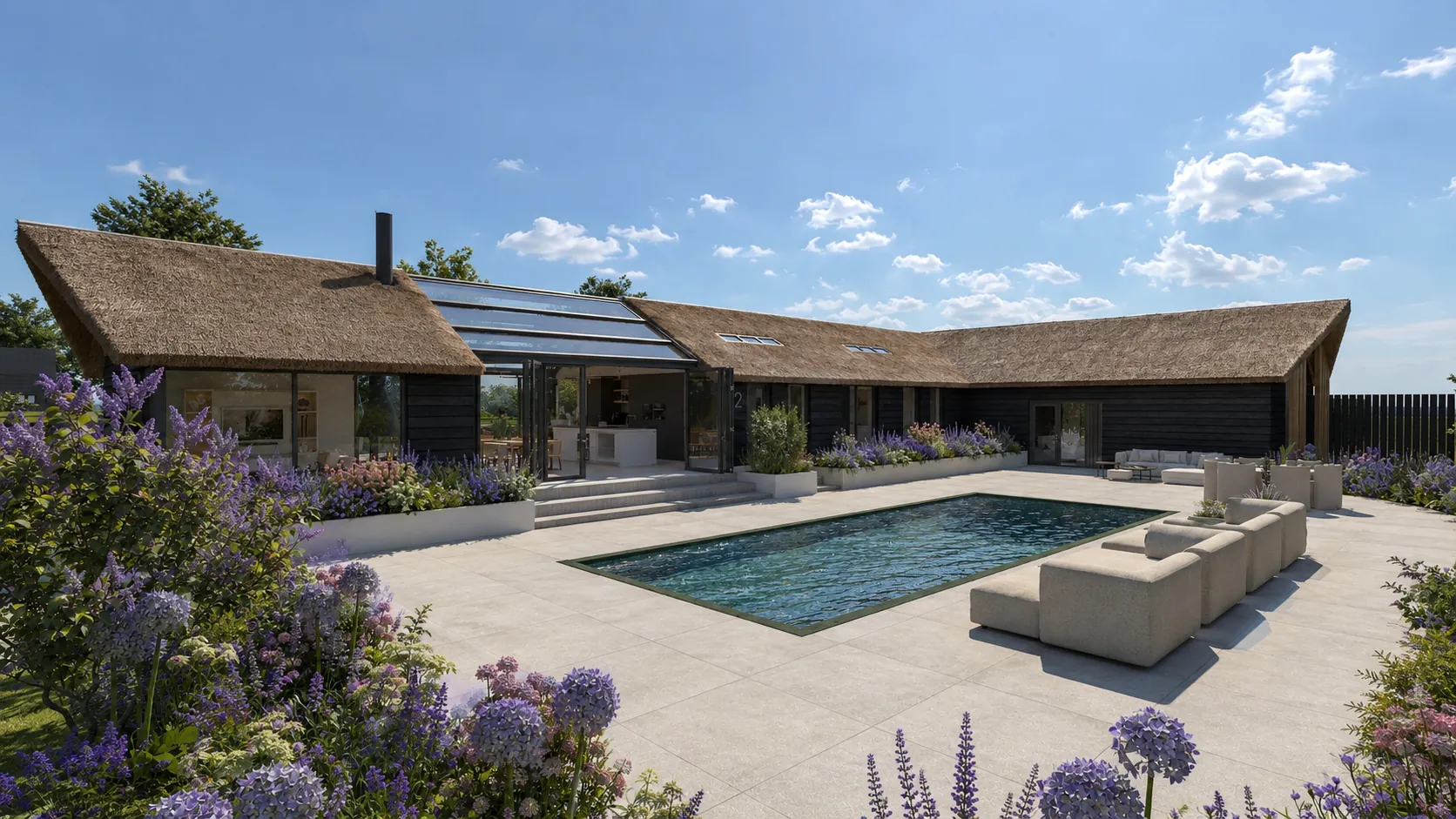 3D-ontwerp van de woning vanaf het terras met zwembad: twee rieten kappen met daartussen een glazen dak