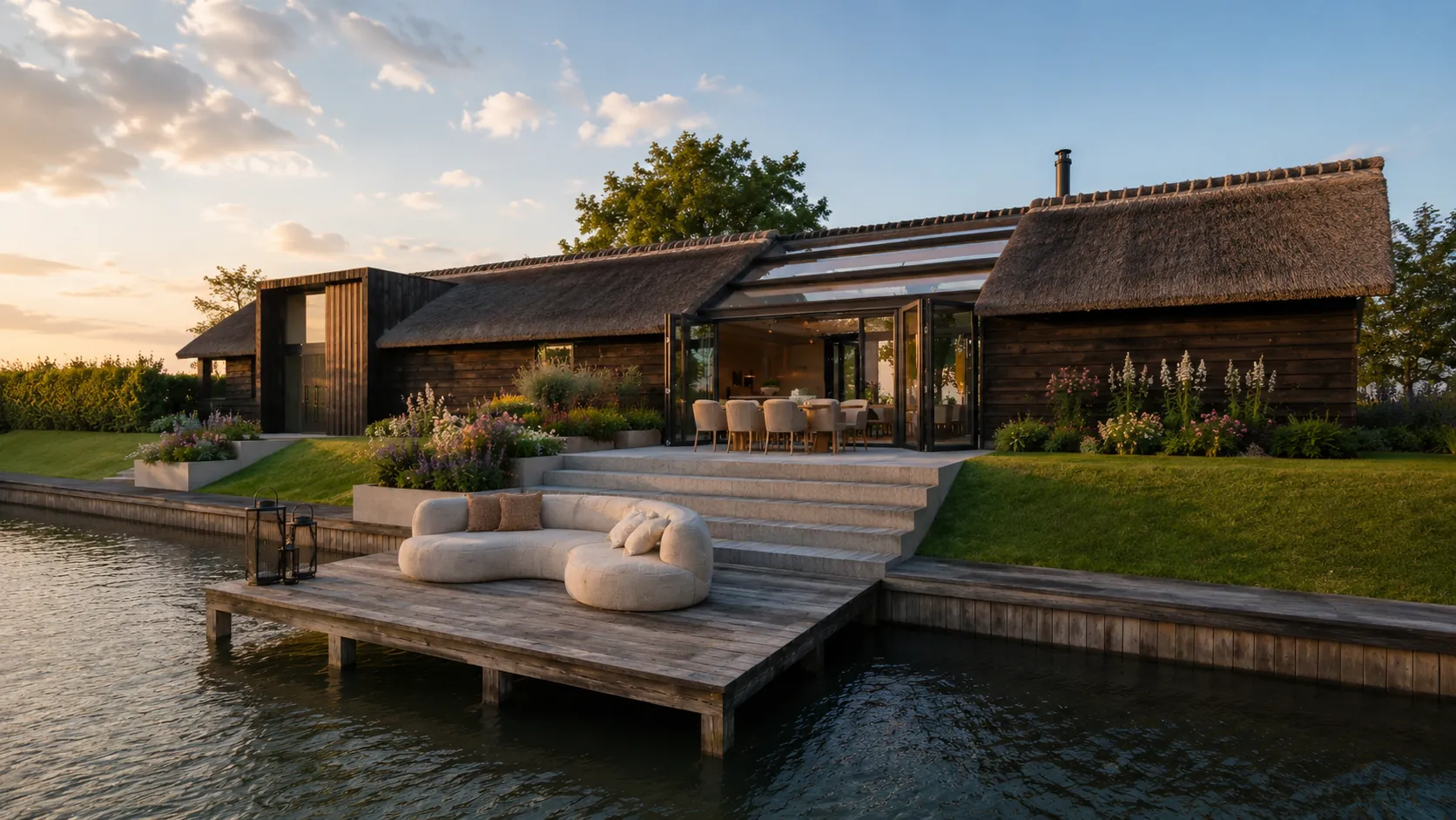 3D-ontwerp van een woning met rieten kappen aan het water bij avondlicht, met in het midden een glazen verbinding en een steiger met een loungebank