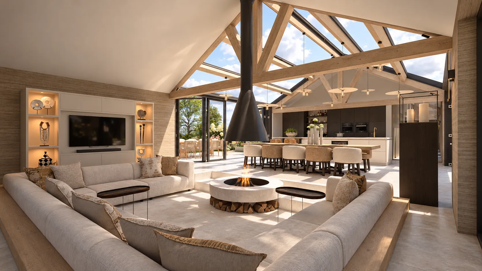 3D-ontwerp van de woonkamer met een verdiepte zitkuil rond een ronde vuurplaats met een hangende zwarte kap, en zicht op de eetkamer en keuken
