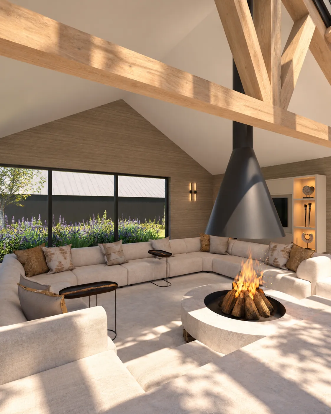 3D-ontwerp van de zitkuil met een lichte hoekbank rond de vuurplaats, onder eikenhouten spanten