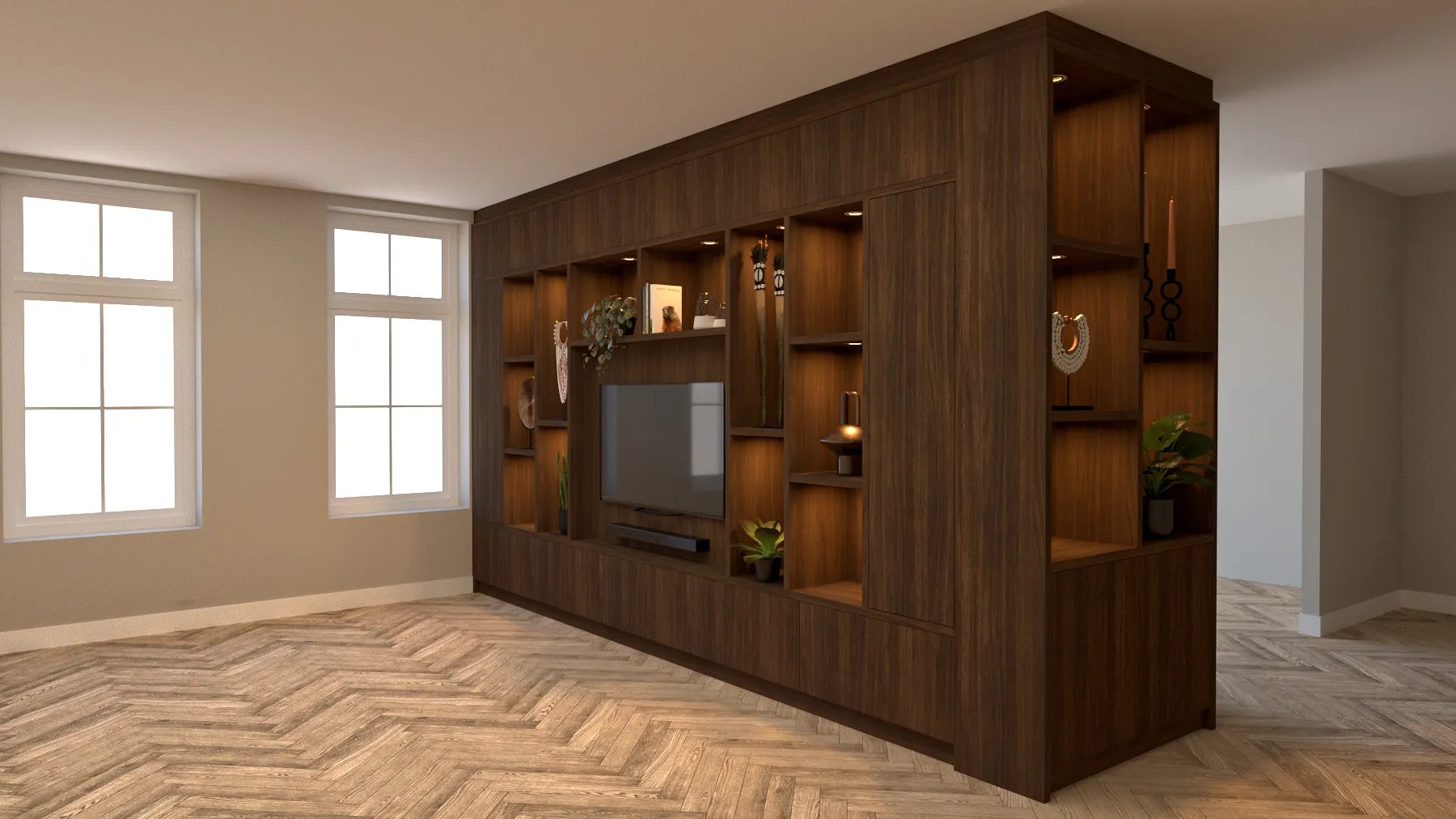 3D-ontwerp van de vrijstaande wandkast in donker hout, met open vakken en een televisie
