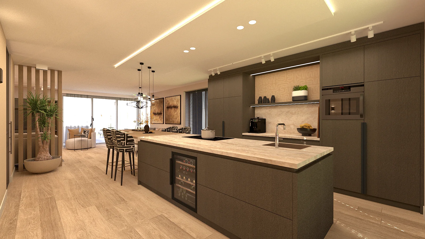 Ontwerp van een keuken op maat met eiland, glazen wand en verlichting in het plafond